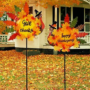 Juegoal Set of 2 Turkey Garden Stakes Thanksgiving Decor, 36 Inch Metal Fall Turkeys Yard Stakes, Give Thanks & Happy Thanksgiving Yard Signs Ornaments for Outdoor Lawn Pathway Patio