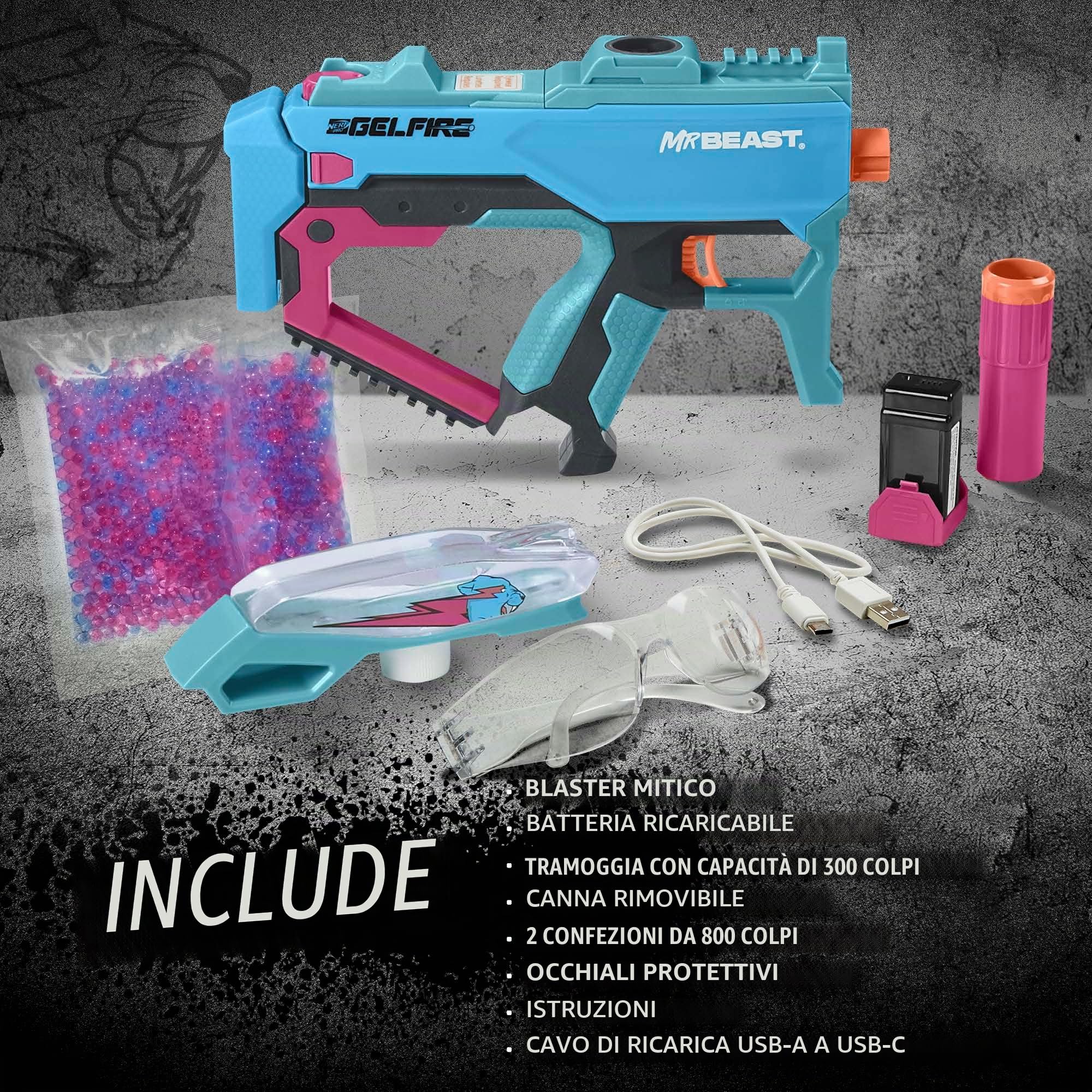 Nerf Pro Gelfire X MrBeast Blaster, 1600 Gelfire Rounds, 300 Round Hopper, Batteria Ricaricabile, Occhiali