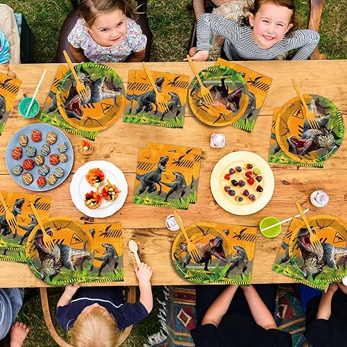 Miniatura 6 de 96 piezas de dinosaurios suministros para fiestas, platos de papel, servilletas, fiestas temáticas de dinosaurios, cumpleaños, cena, postre,