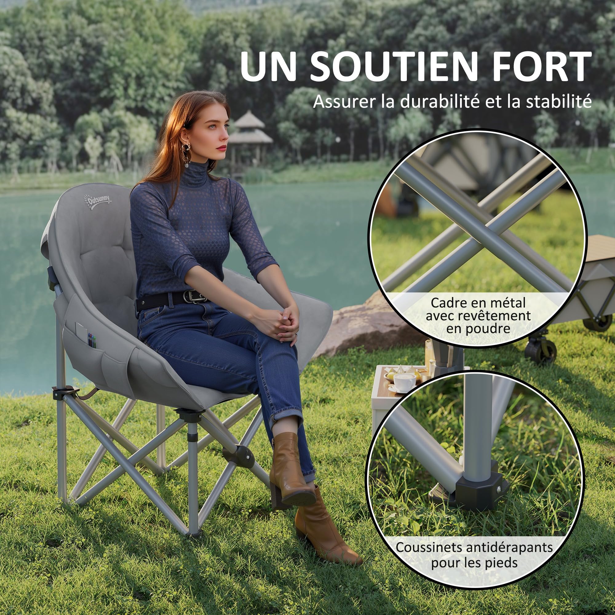Outsunny Chaise Pliante Camping Chaise de Pêche Portable Gris Foncé | Légère, Siège Rembourré, Poches Latérales, Sac de Transport, Fauteuil Pliant, Randonnée, Pêche, Plage, Pique-Nique