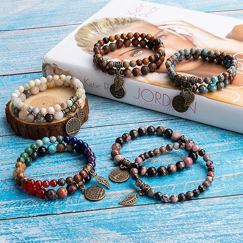 Miniatura 8 de Bivei Pulsera de cuentas de piedras preciosas semipreciosas naturales para mujer, pulseras elásticas de cristal Reiki con dije de árbol y hoja de la