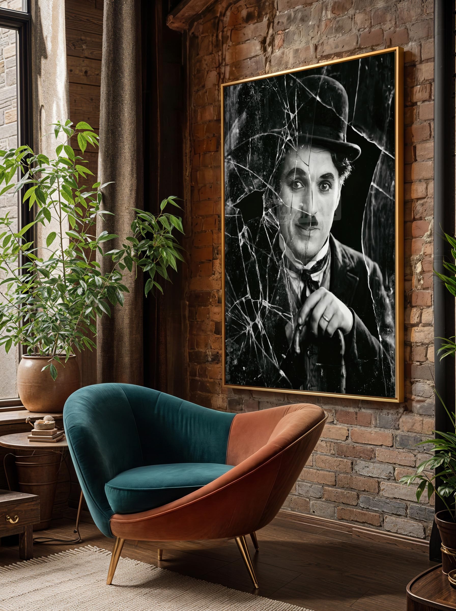 Tomaok® - Poster Stampa poster d'arte (Cornice non fornita) Charlie Chaplin iconico in bianco e nero con frammenti di vetro rotto, Ritratto cinema muto drammatico