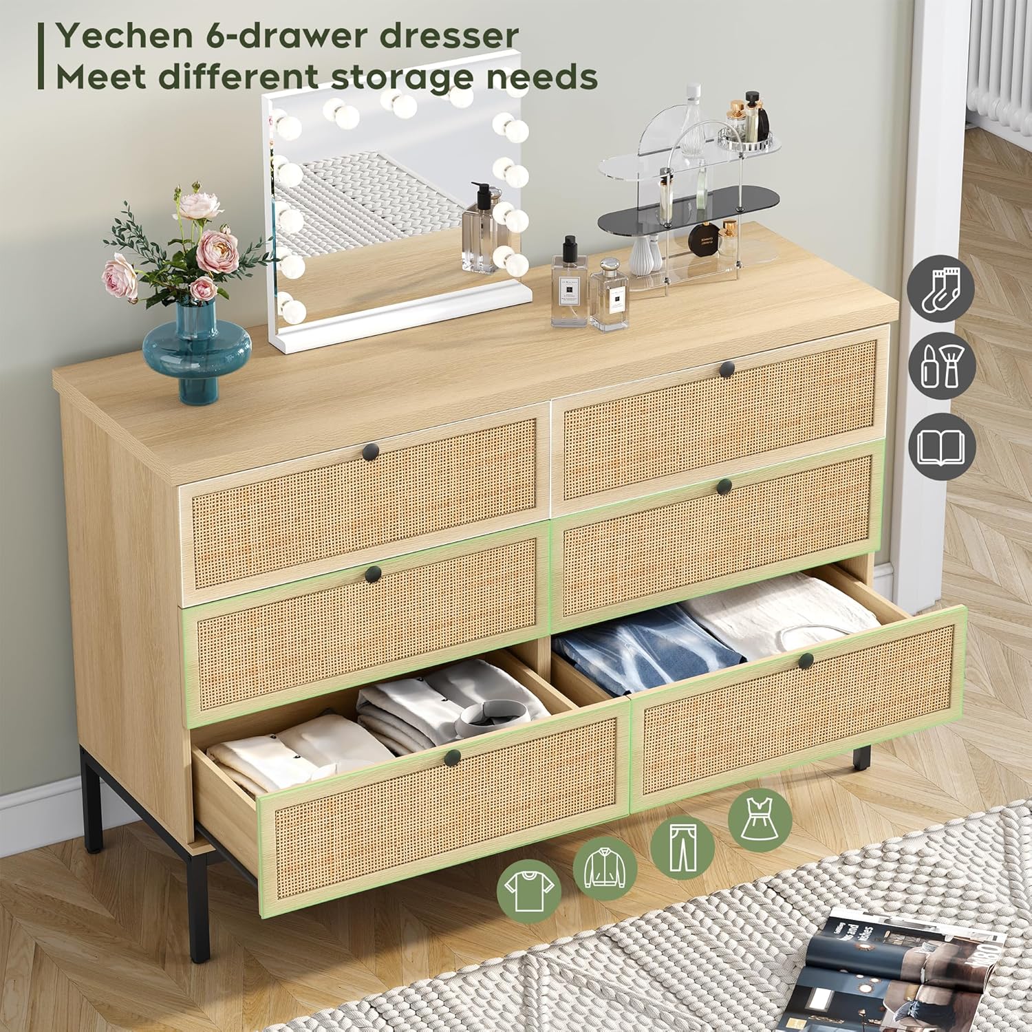 Yechen 6-drawer dresser with some drawers open, showing clothes and accessories stored inside