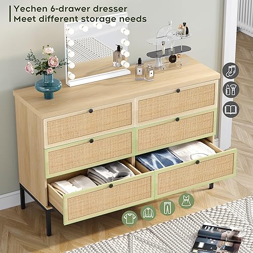 Miniatura 4 de Cómoda moderna de ratán de 4 cajones para dormitorio, cómoda alta de madera industrial con cajones de ratán natural hechos a mano, torre de