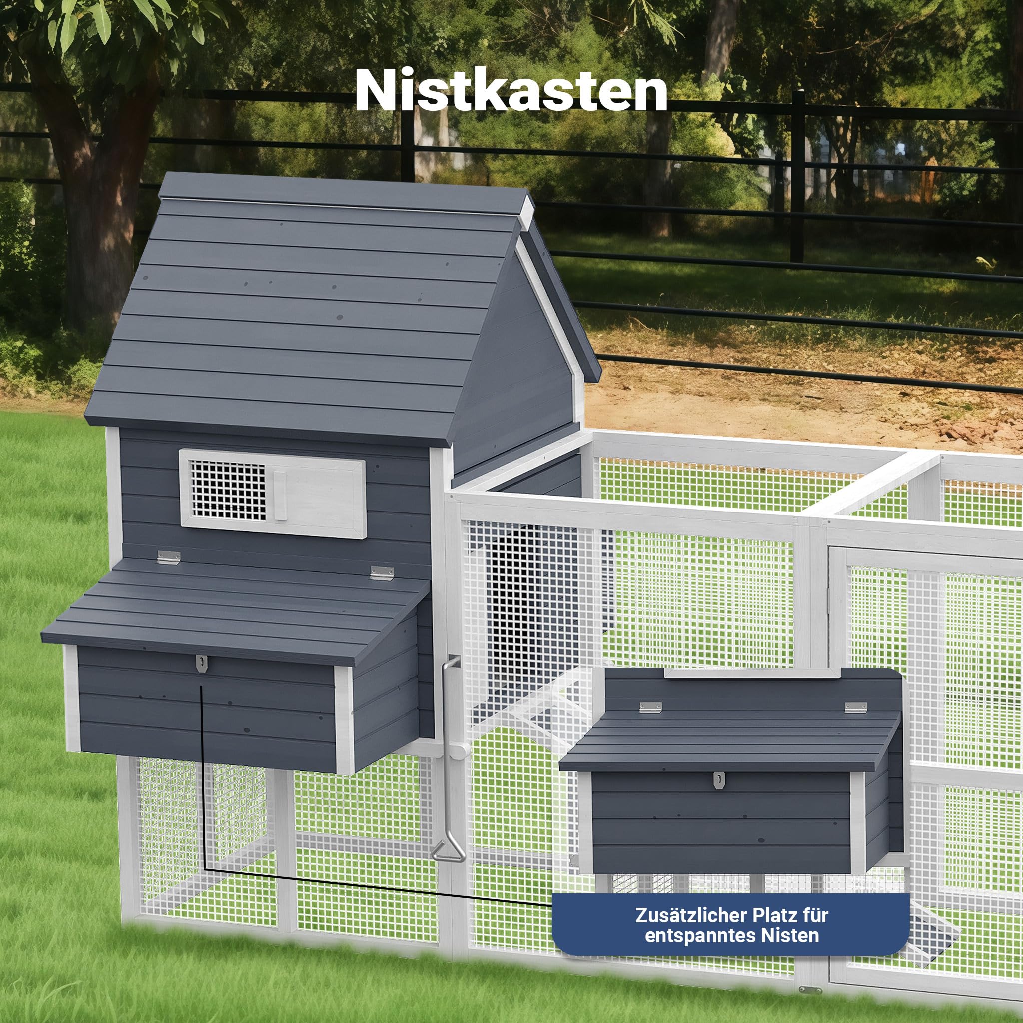 Wiltec Hühnerstall 3100 x 1500 x 1500 mm grau weiß mit Freilauf und Nistkästen aus Holz, Hühnerhaus mit Unterschlupf, Gitter und Kotwanne verzinkt