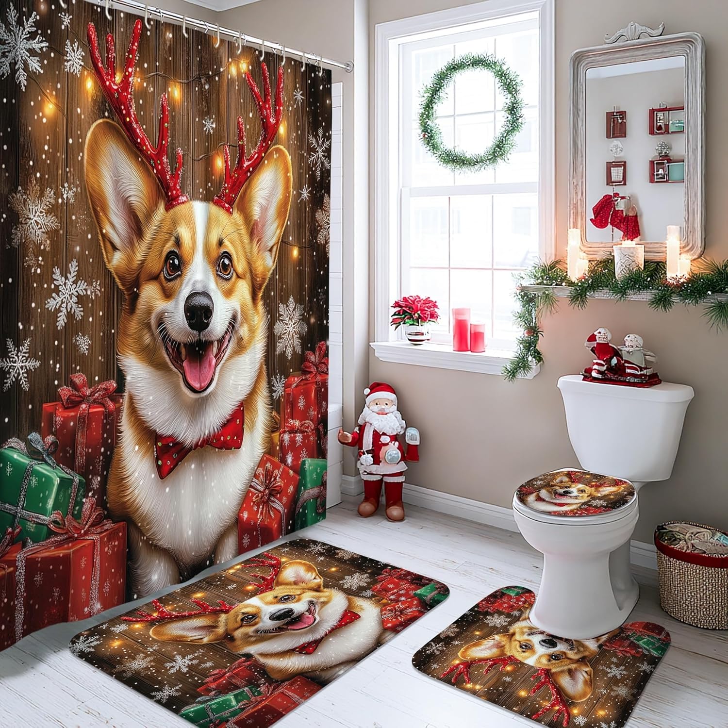 4PCS Christmas Corgi Dog Bathroom Sets, Bath with Non-Slip Rug, U Shape Toilet Lid Cover Mat, Fun Rustic Xmas Gifts Puppy Bathroom Decor-72''x72''