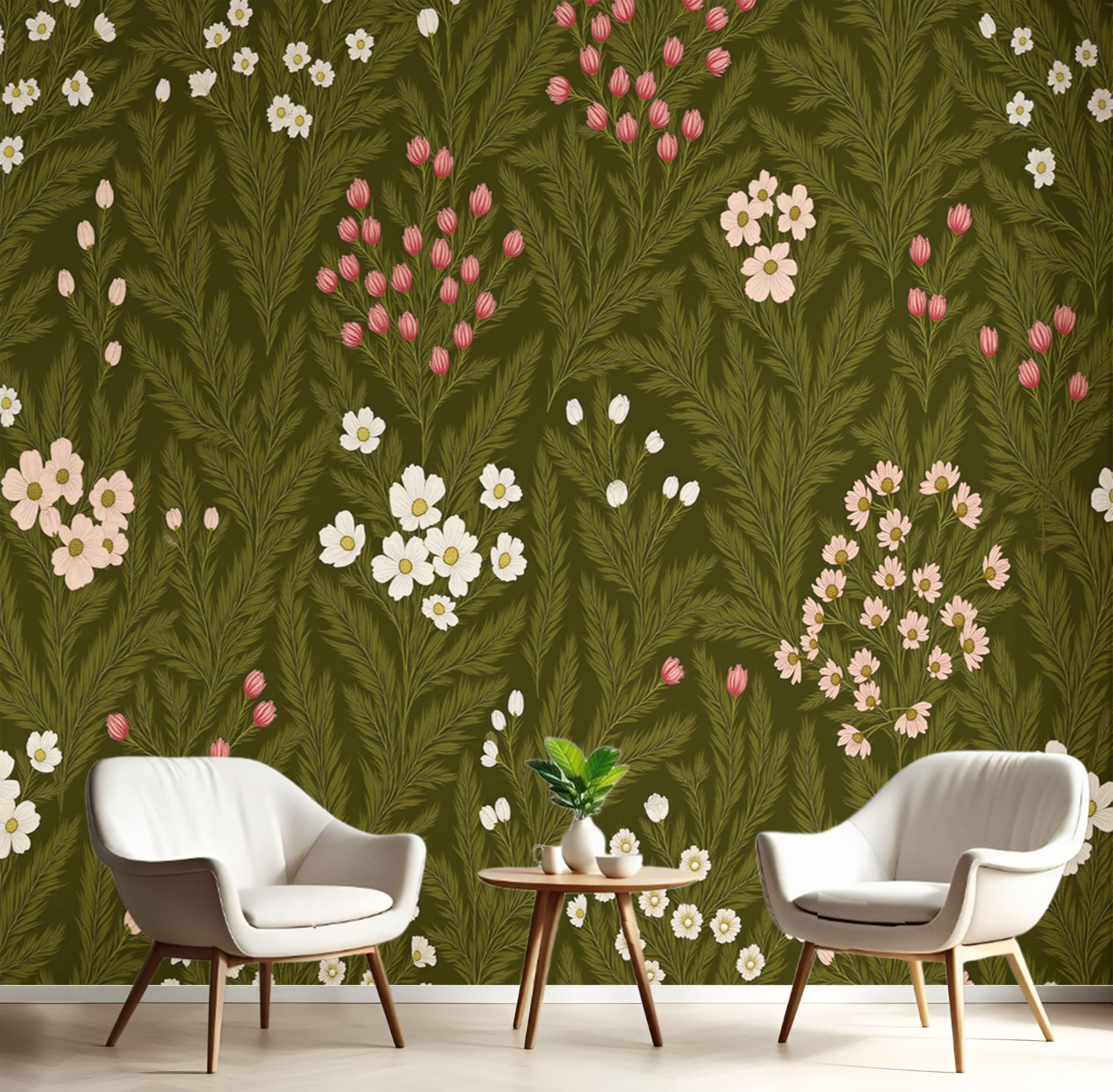 Papier peint en soie fleurs feuilles vintage vert olive grand format