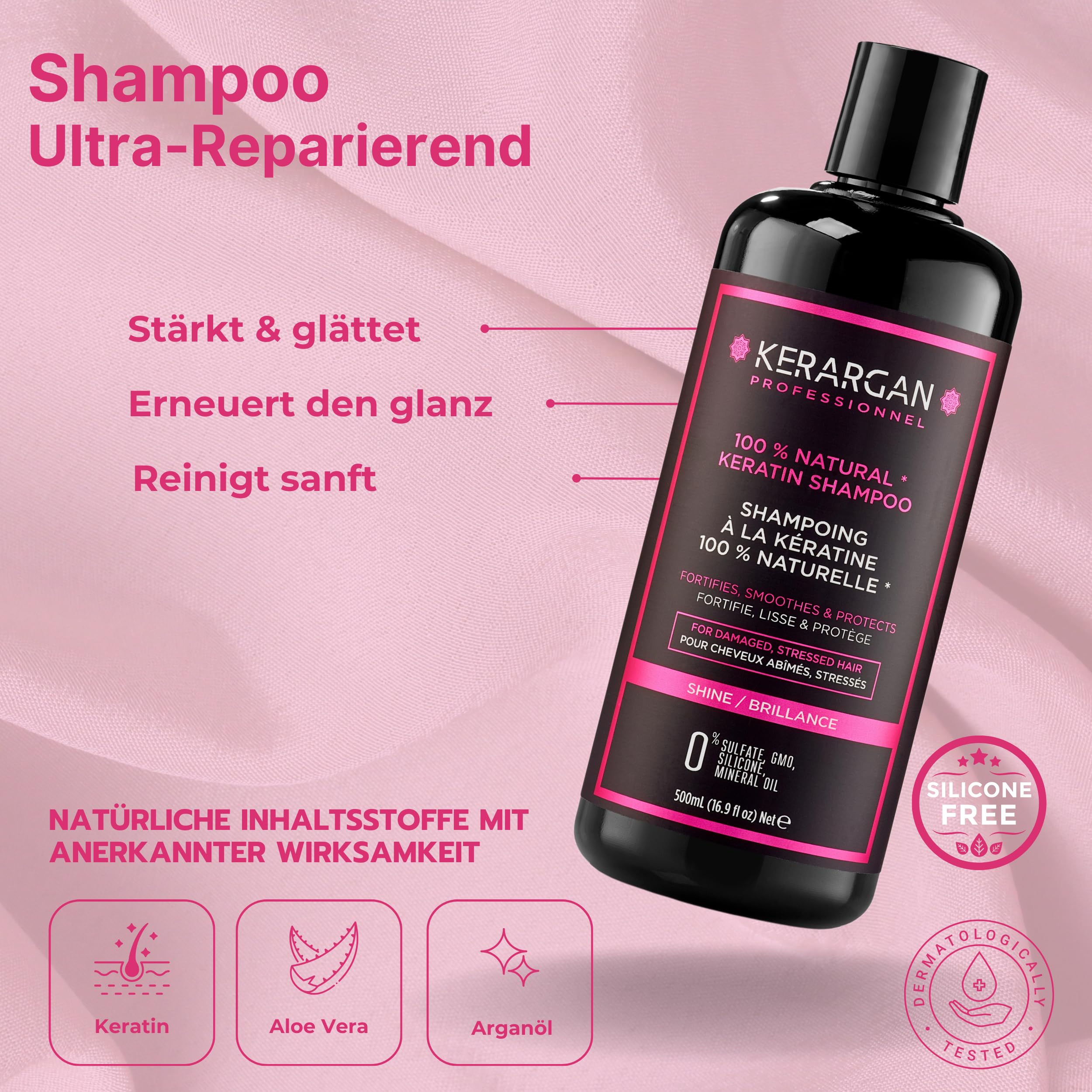Kerargan - Duo Ultra Reparatur Shampoo & Maske mit Keratin für strapazierte und gestresste Haare - Nährt, Glättet & Schützt - Ohne Sulfate, GVO, Silikone - 2x500 ml | Shampoo und Haarmaske reinigen und reparieren geschädigtes oder strapaziertes Haar inten