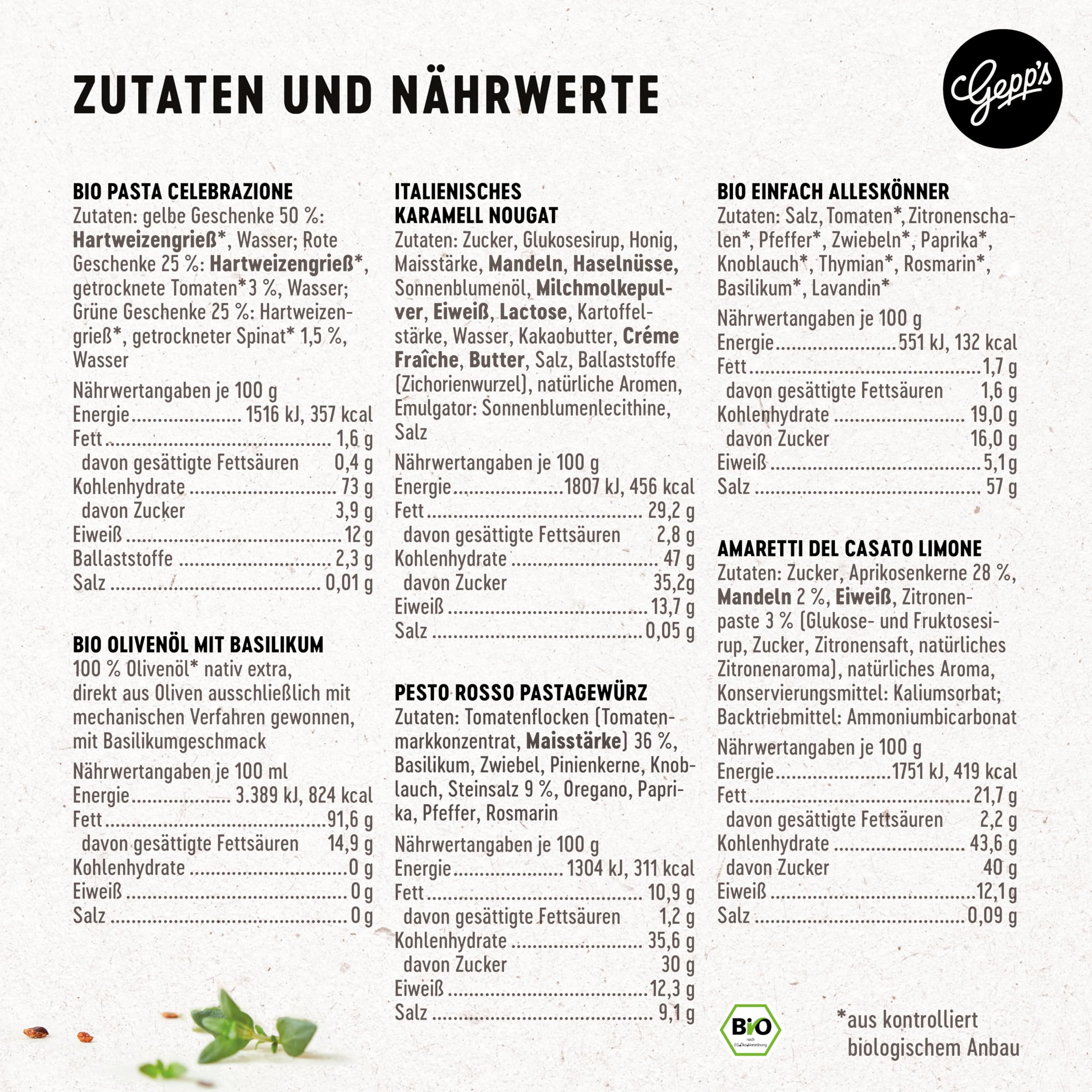 Gepp’s Feinkost Happy Birthday Geschenkset Gourmet Geschenk-Set mit handgemachter Pasta, Pesto-Rosso Gewürz, Bio Alleskönner Gewürz & Basilikumöl