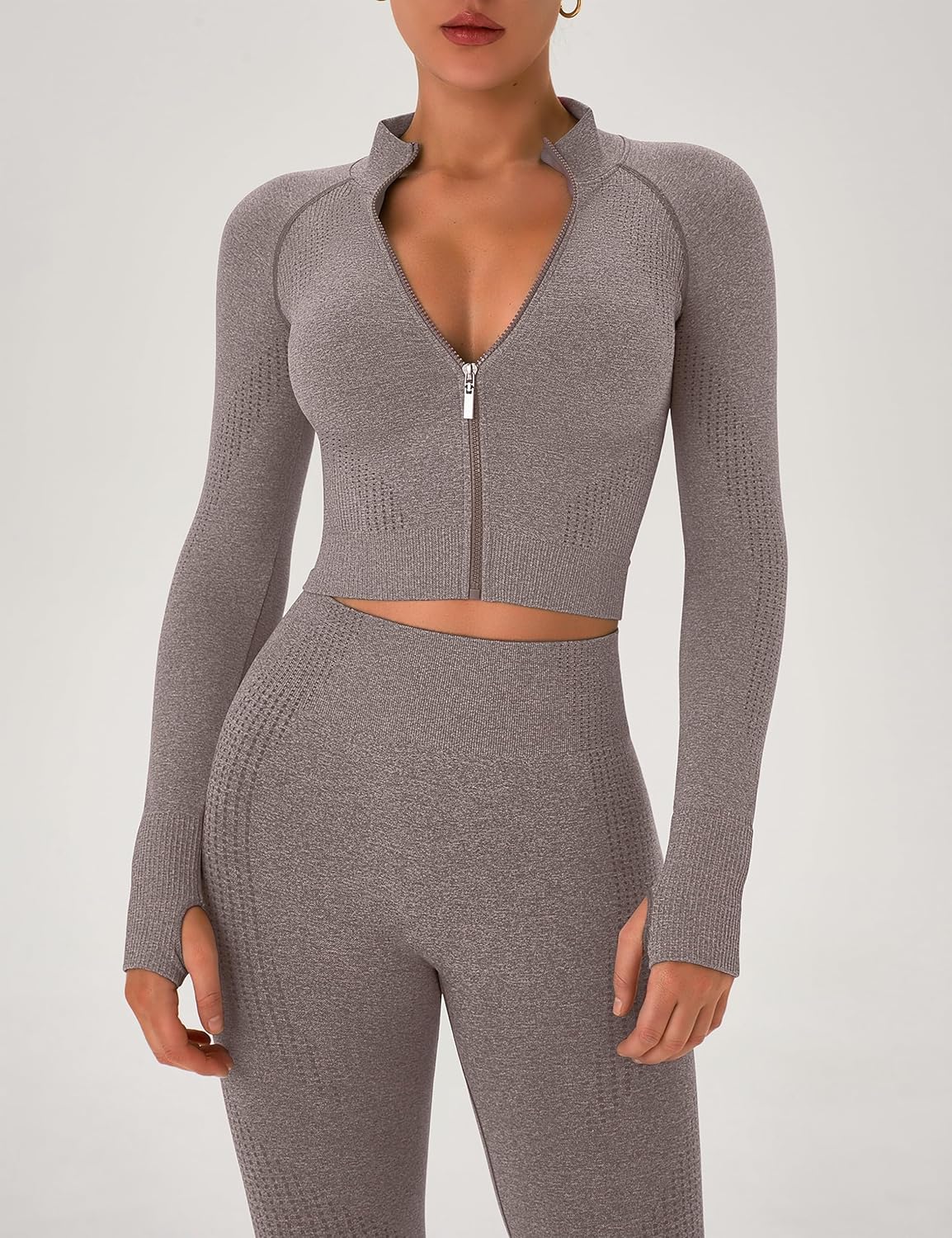 OLCHEE Womens Workout Sets 2 Piece Seamless Yoga Outfits Long Sleeve Zipper Jacket High Waist Leggings Butt Lifting Gym Set - Image 3