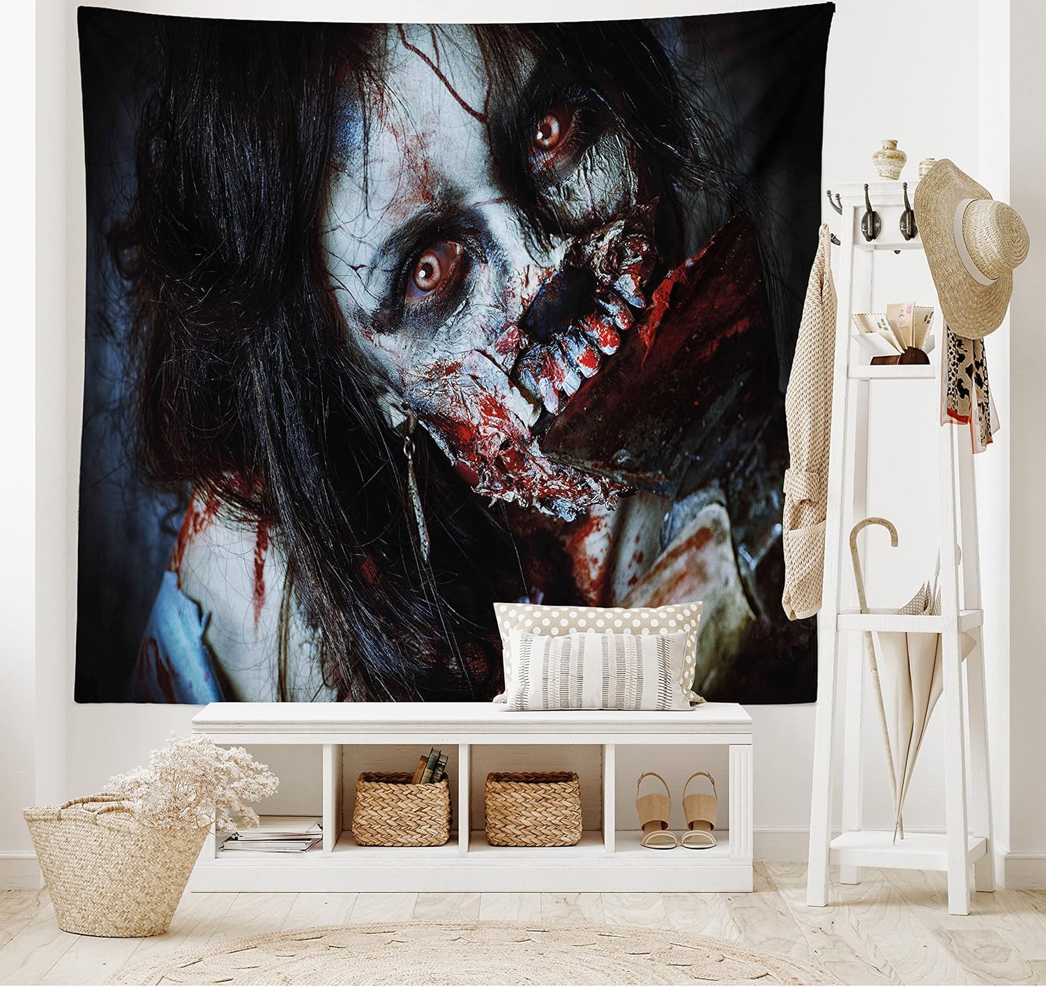 Ambesonne Zombie Tapestry, Scary Dead Woman with a Bloody Tool Evil Fantasy Gothic Mystery Halloween Picture, Wide Wall Hanging for Bedroom Living Room Dorm, 80" X 60", Black Vermilion