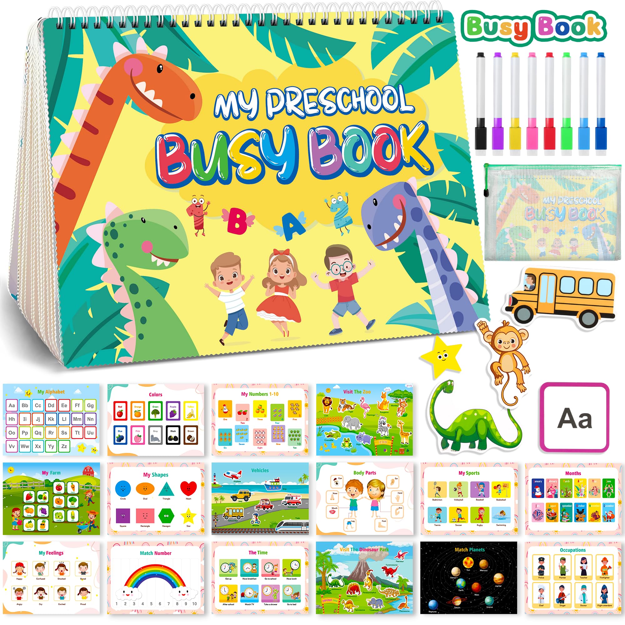 Montessori Busy Book for Toddlers 3-5, Dinosaur My Preschool Learning Activities, Education Kindergarten Sticker Workbook, Travel Toys for Kids, Birthdays Gifts for Boy and Girl Age 3 4 5 Year Old