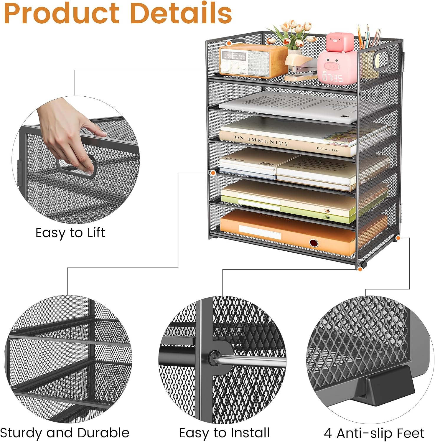 Subekyu 6-Tier Desk Paper Organizer, Desktop File Letter Tray with Handle, Document Sorter and Accessories Holder for Office, Home and School Workspace Organizers, Gray-2 Pack image 5