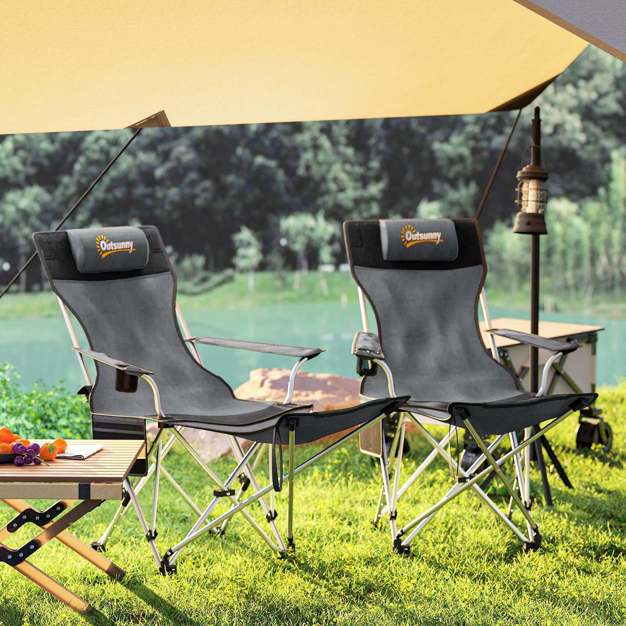 Outsunny Lot de 2 chaises de Camping Pliante inclinable, Chaise Longue de pêche Portable et légère avec Repose-Pieds Amovible, Sac de Rangement, Porte-gobelet et Appui-tête, Gris