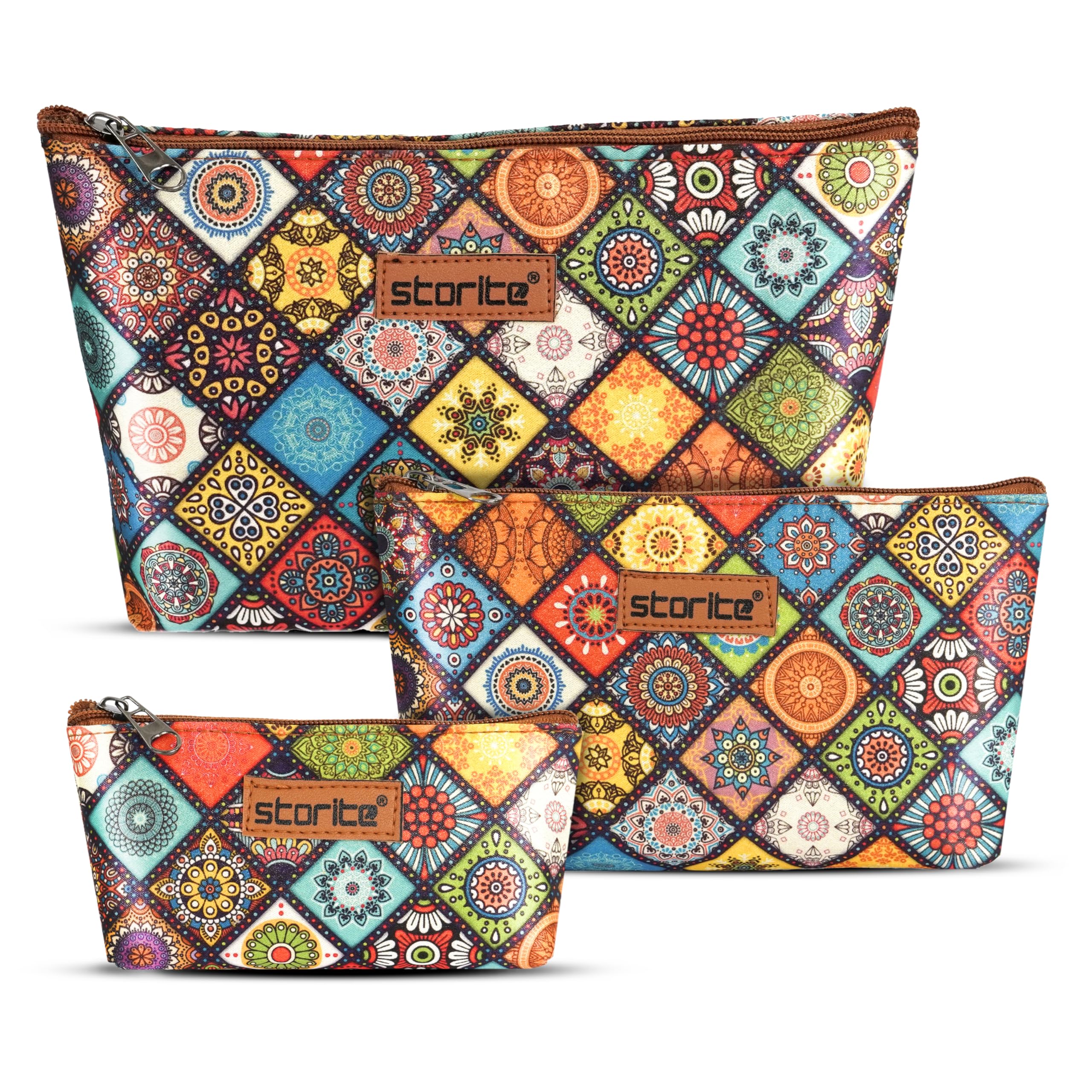 Storite Set of 3 Printed Cosmetic Pouches for Women | Makeup, Toiletry & Travel Organizer Bags | Multicolor Zip Pouches
