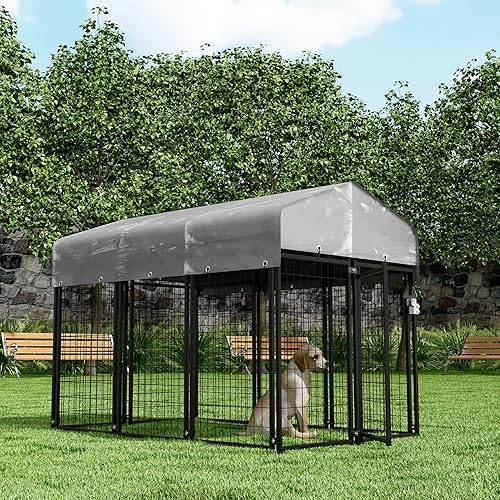 Miniatura 10 de Magshion Perrera y jaula para perros medianospequeños con cubierta impermeable, alambre con cerradura para exteriores, para patio trasero, corralito