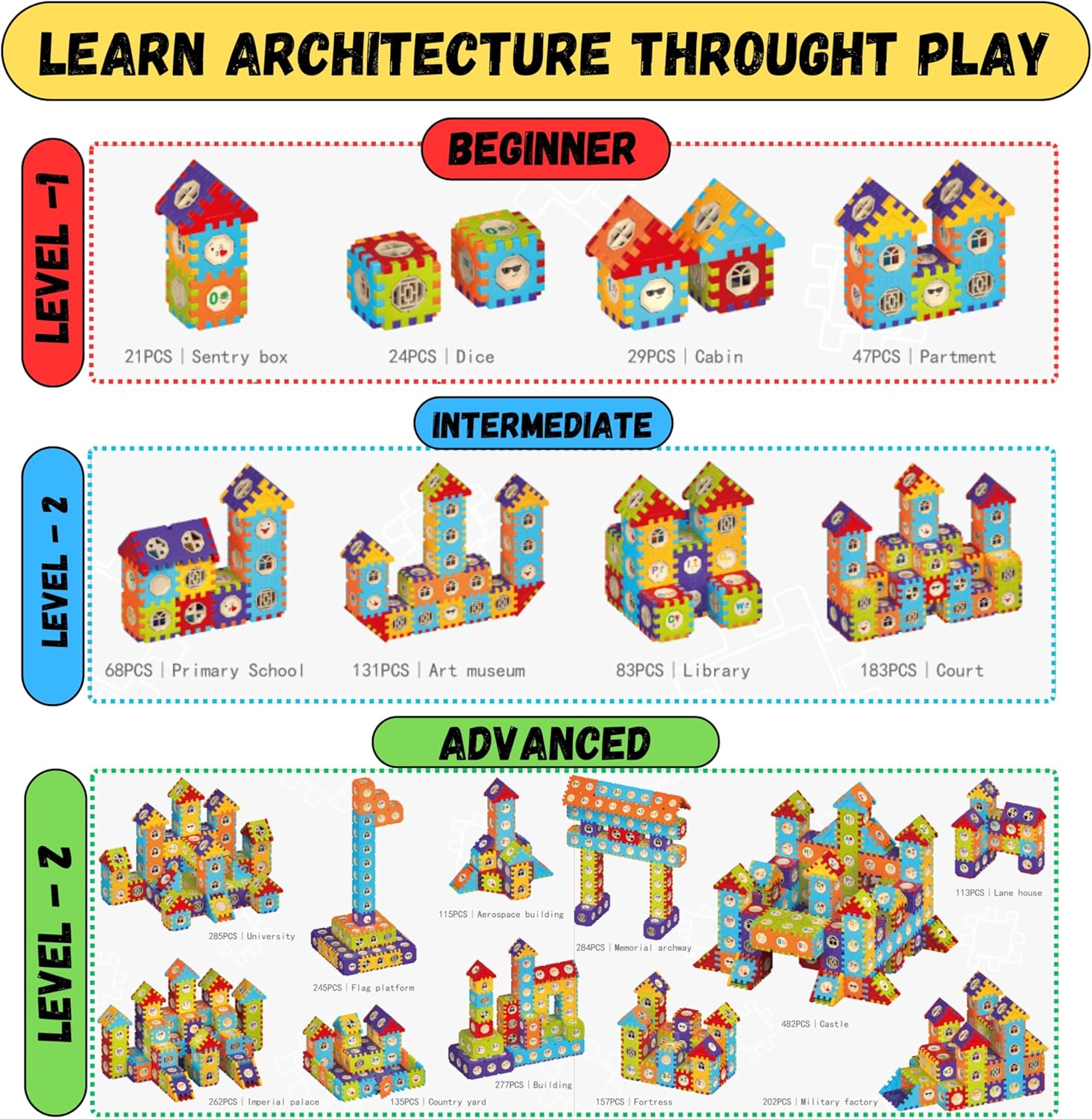 Waffle Blocks Toy Building Set, 186 Pcs Building Blocks for Toddlers & Kids, 35+ Creative Builds, Alphabet & Number Stickers, STEM Construction Toy with Storage Bag