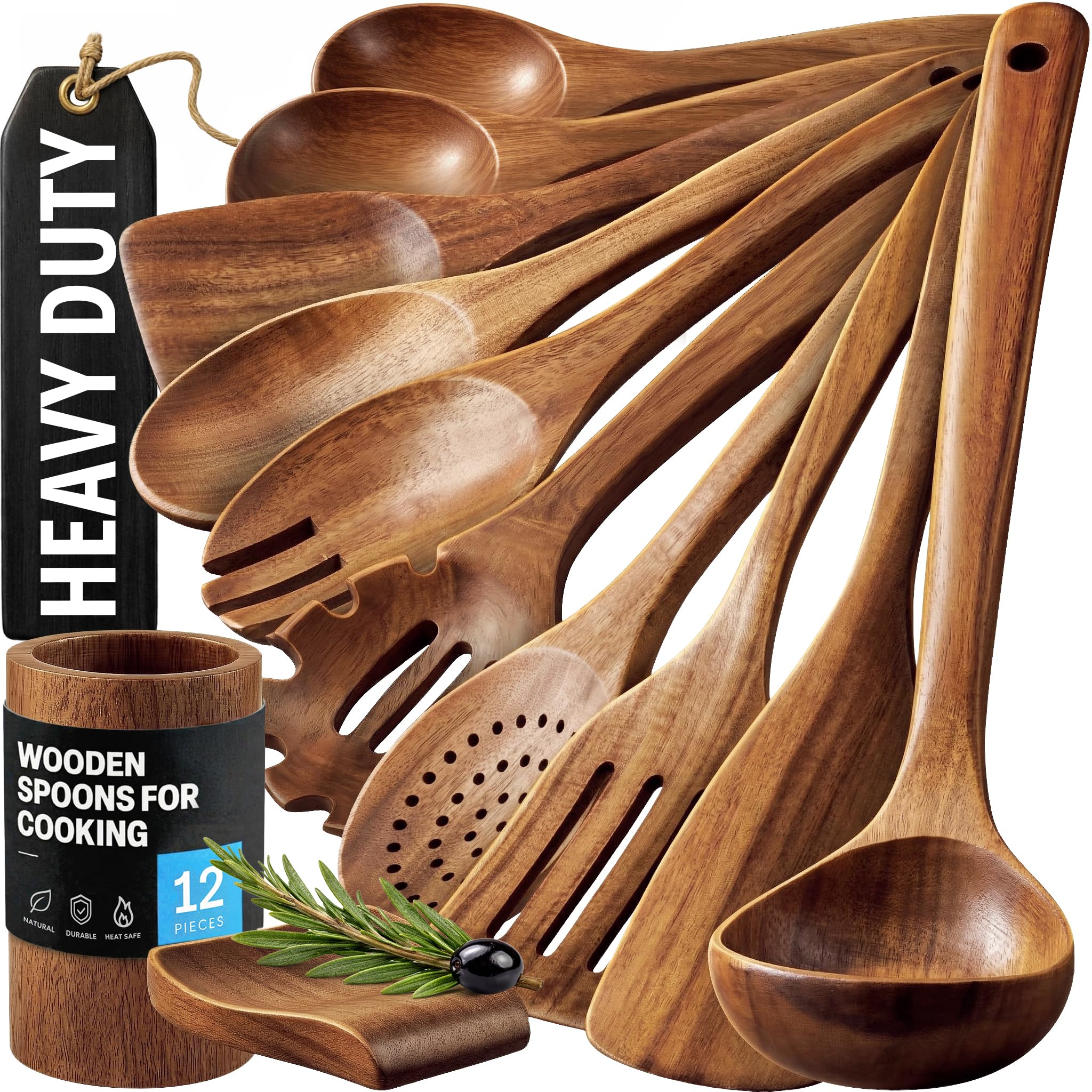 Zulay Kitchen Utensili da cucina in legno di teak naturale, 12 pezzi, con confezione regalo di alta qualità, cucchiai in legno antiaderenti per cucinare, set regalo da cucina, set di utensili in legno