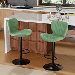 Shintenchi Bar Stools Set of 2 Modern Swivel Bar Chairs, Counter Height Faux Leather Metal Barstools, Upholstered Island Chairs with Back and Footrest, Green
