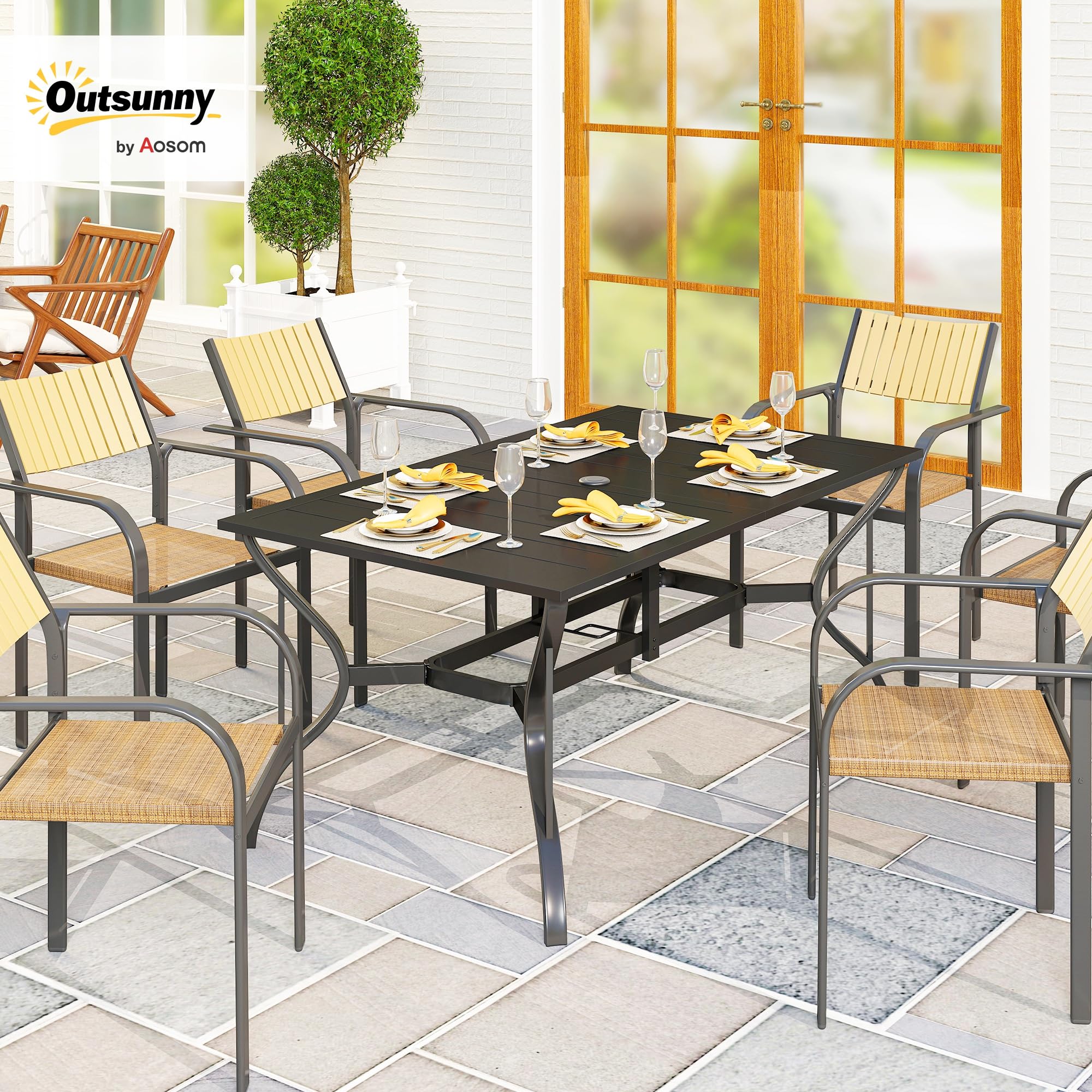 Mesa de comedor rectangular para 6 personas, mesa rectangular de acero con agujero para paraguas, marco de acero para jardín, balcón, color negro 2