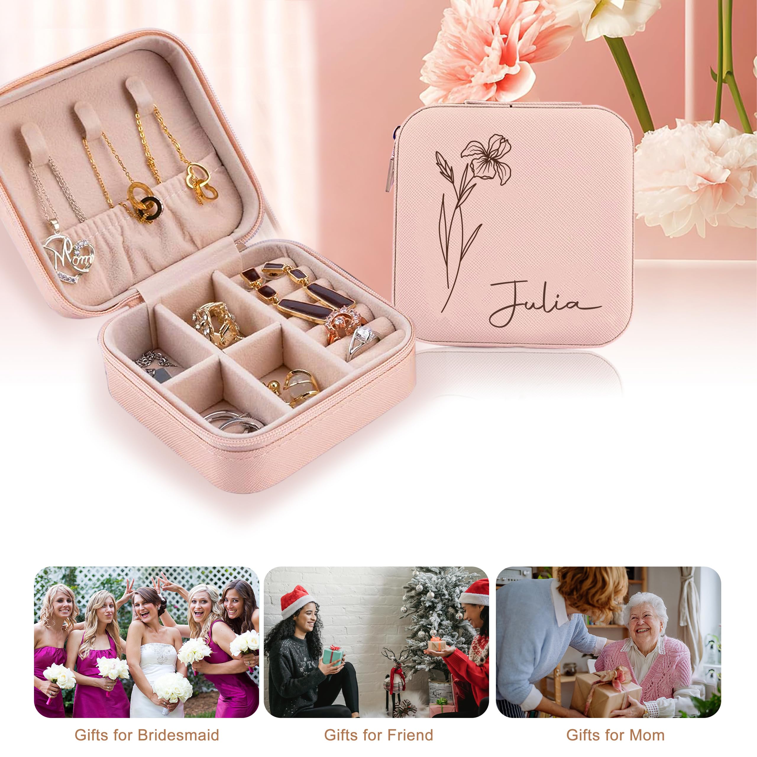 Personalized Jewelry Box With Birth Flower & Name - Travel Jewelry Case, Bridesmaid Gift, Wedding Birthday For Women