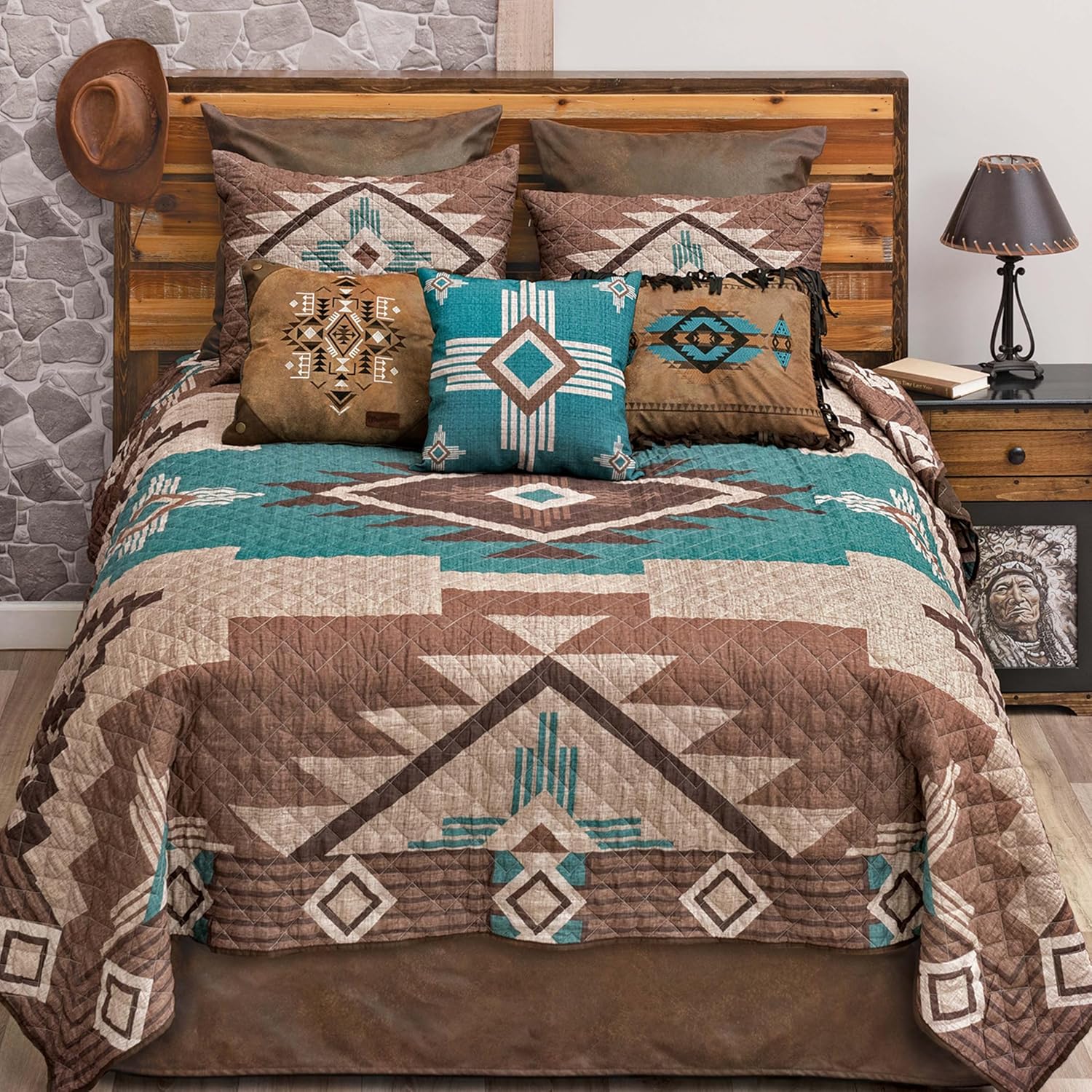 BLACK FOREST DECOR Mocha Turquoise Southwest Quilt Bed Set – Queen Size Quilt with Native American Tribal Patterns