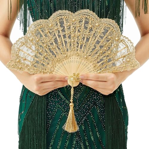 BABEYOND Abanico de mano de encaje no plegable vintage para novias, abanicos de mano con strass y bordados para decoración de bodas, bailes y
