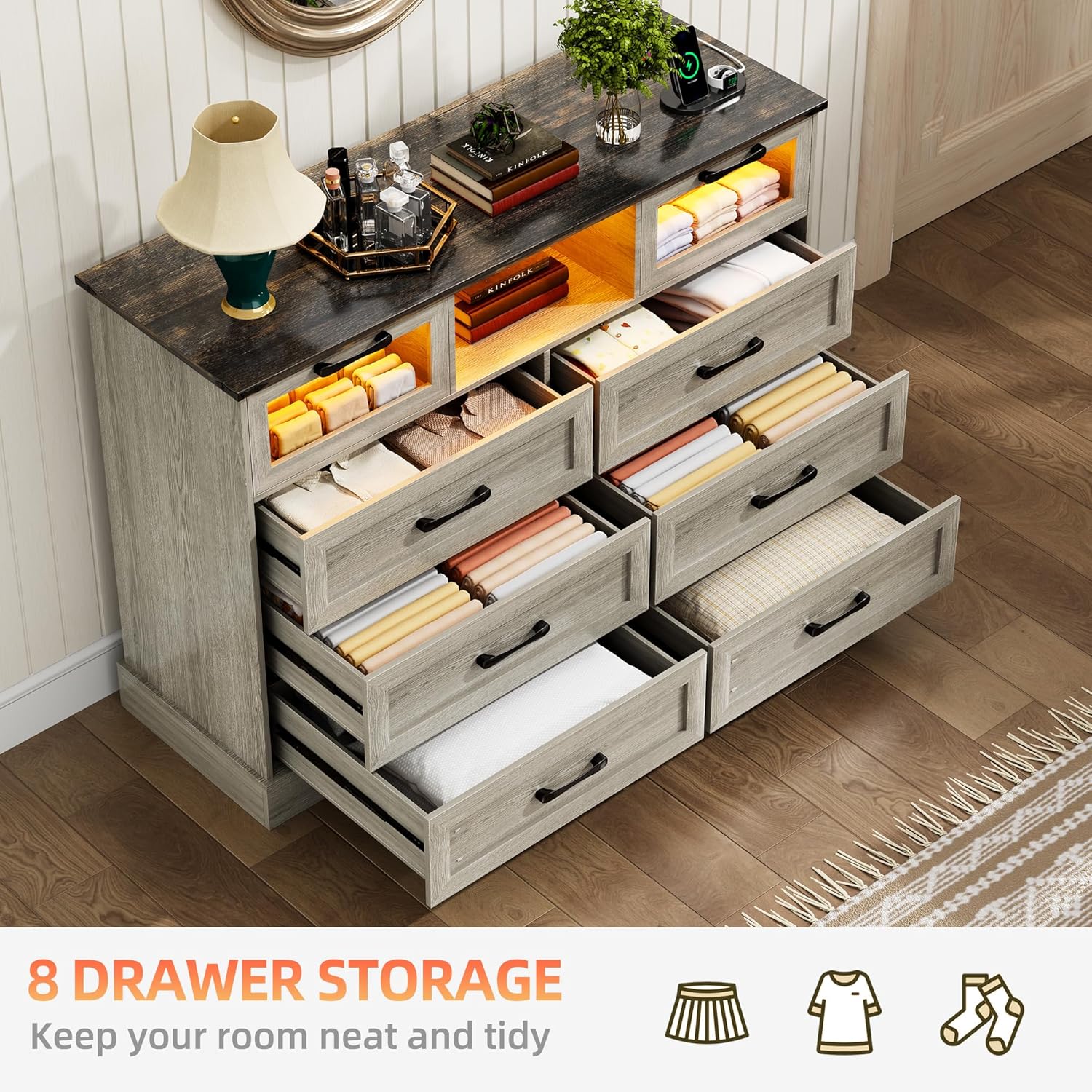 RGB 47.2" W Dresser with Charging Station,Dresser TV Stand with 24 Static and 7 Dynamic Lights,LED 8 Drawers Chest with USB-C,Acrylic Door,Modern Drawer Organizer for Bedroom,Hallway(Oak)