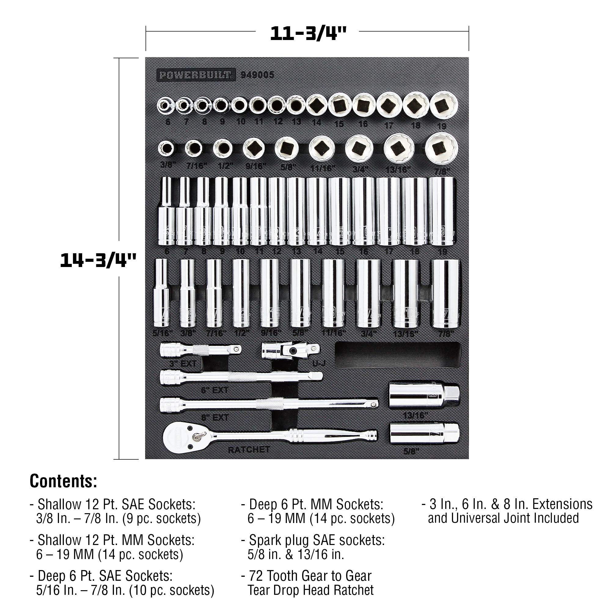 Powerbuilt 54-częściowy zestaw narzędzi nasadowych i grzechotkowych, przedłużki, głębokie i płytkie gniazda, taca organizująca, seria Pro Tech - 949005