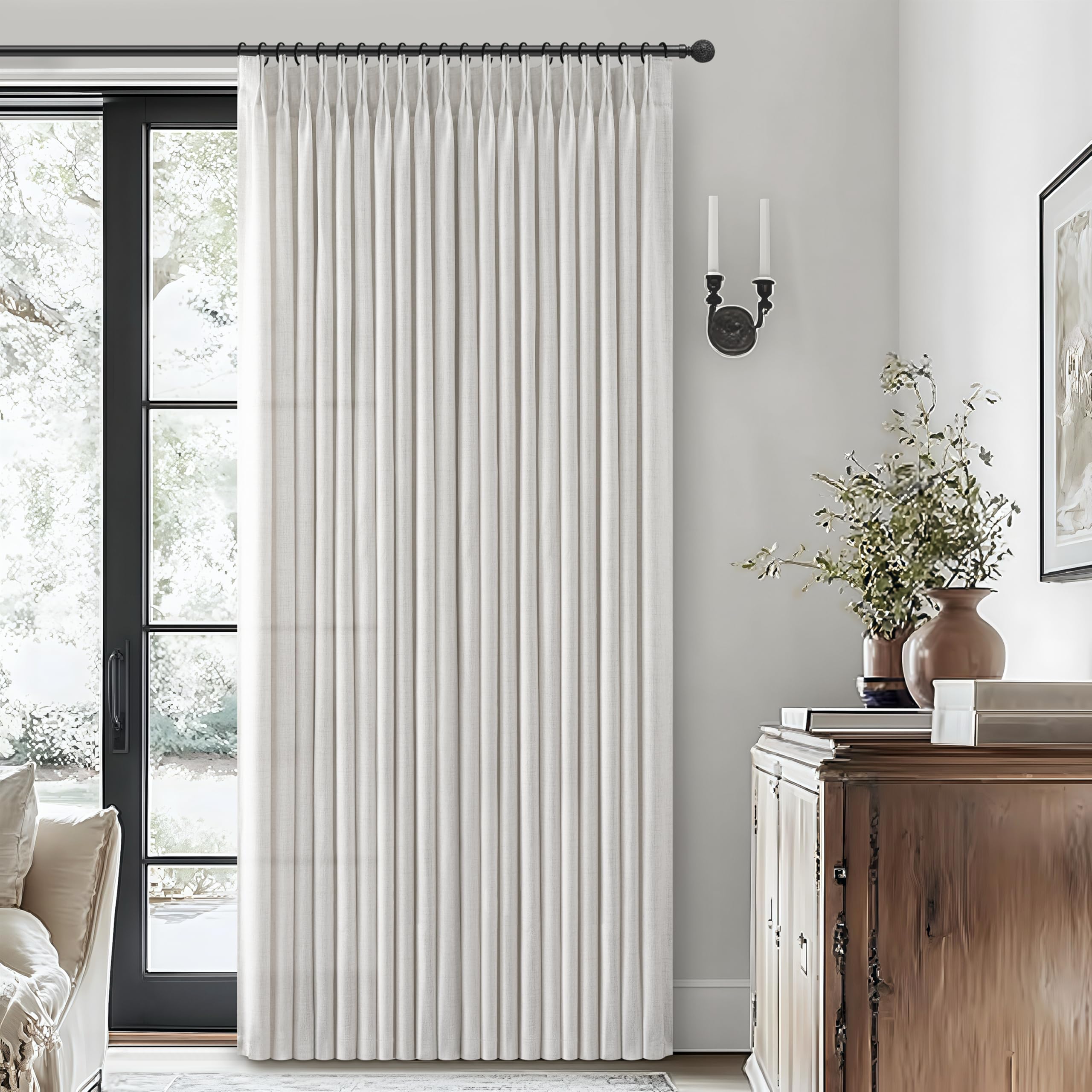 Photo 1 of Pinch Pleated Off Beige White Extra Wide 70 x 108 Inch Patio Door Curtains for Sliding Glass Door, Modern Heavy Linen Blend Semi Sheer Light Filtering Floor to Ceiling Office Sunroom Drape Panels of 2
