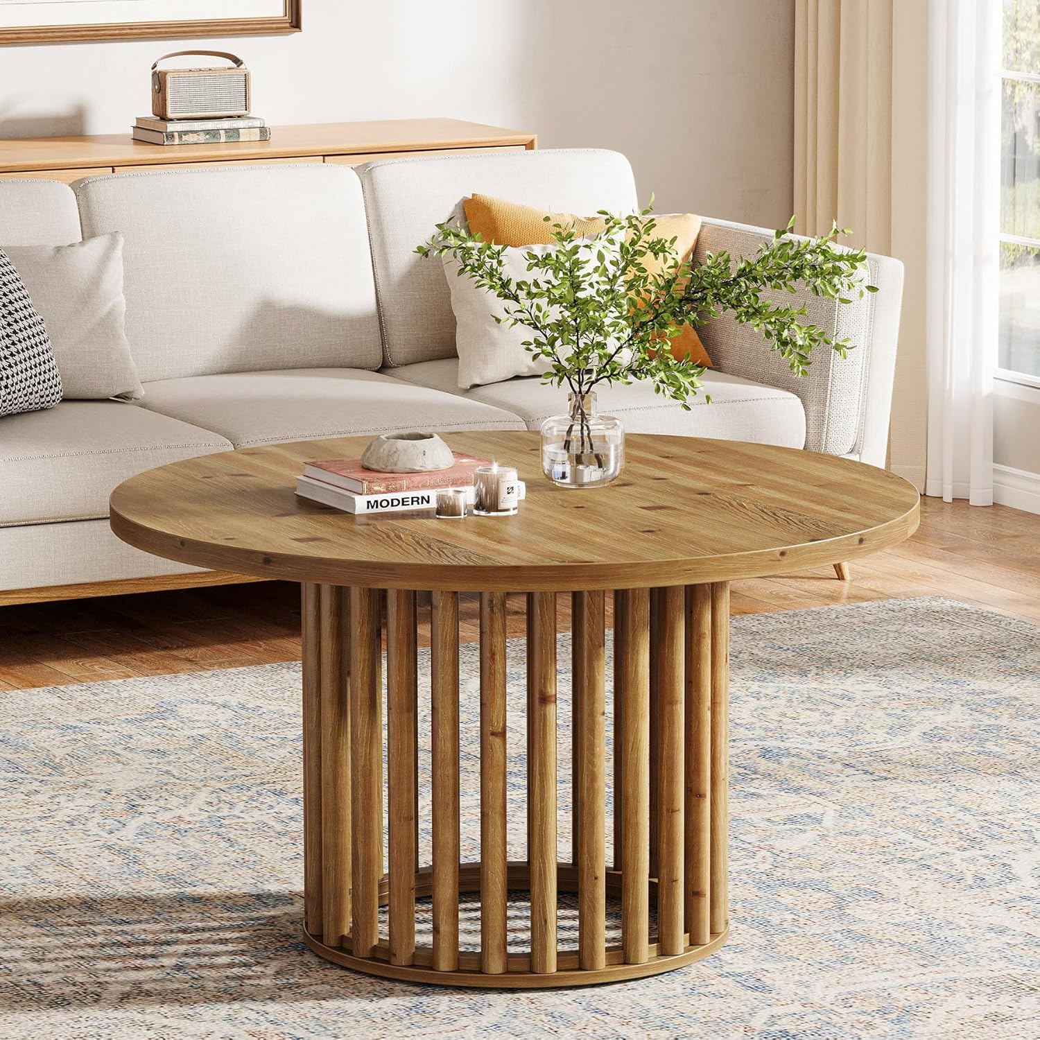 Solid Wood Round Coffee Table for Living Room, 31.5-Inch Farmhouse Wooden Circle Center Cocktail Tea Table with Cylindrical Hollow Base, for Apartment Small Space, Easy Assembly, Rustic Brown