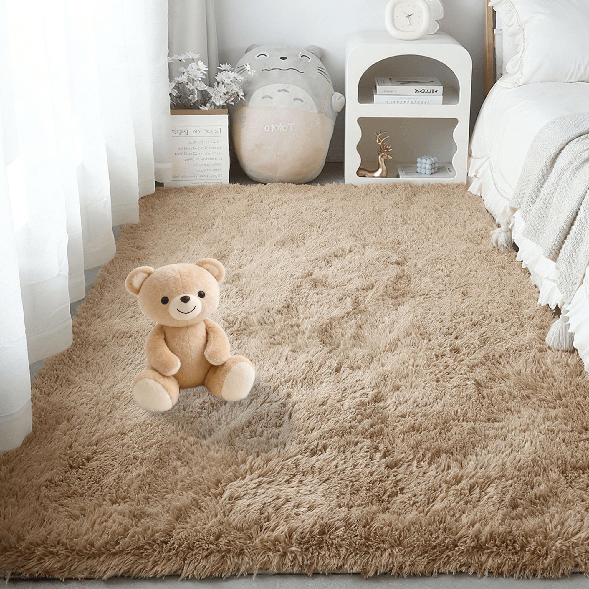 Tapis de Salon 240 x 260 cm Lavable Soft Fluffy Area Rugs Tapis Lavable, Antidérapant, Extra Large, Pelucheux et Moderne, pour Salon Chambre Filles Enfants, Chameau