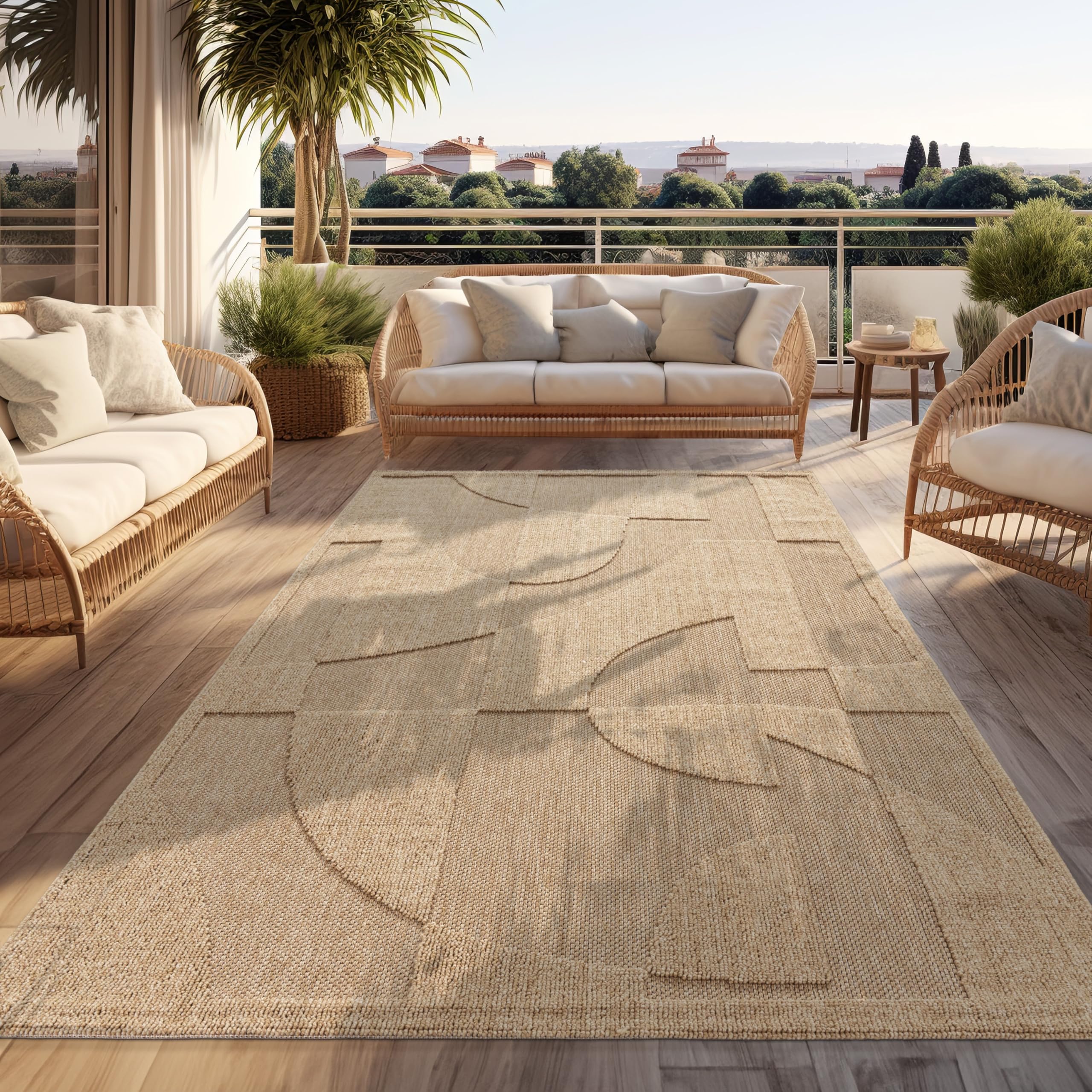 Paco Home Outdoor Teppich Wetterfest Balkon Wohnzimmer Boho Design Abstrakt Geometrisches Muster Einfarbig 3D Effekt Moderne Deko Beige, Grösse:240x340 cm