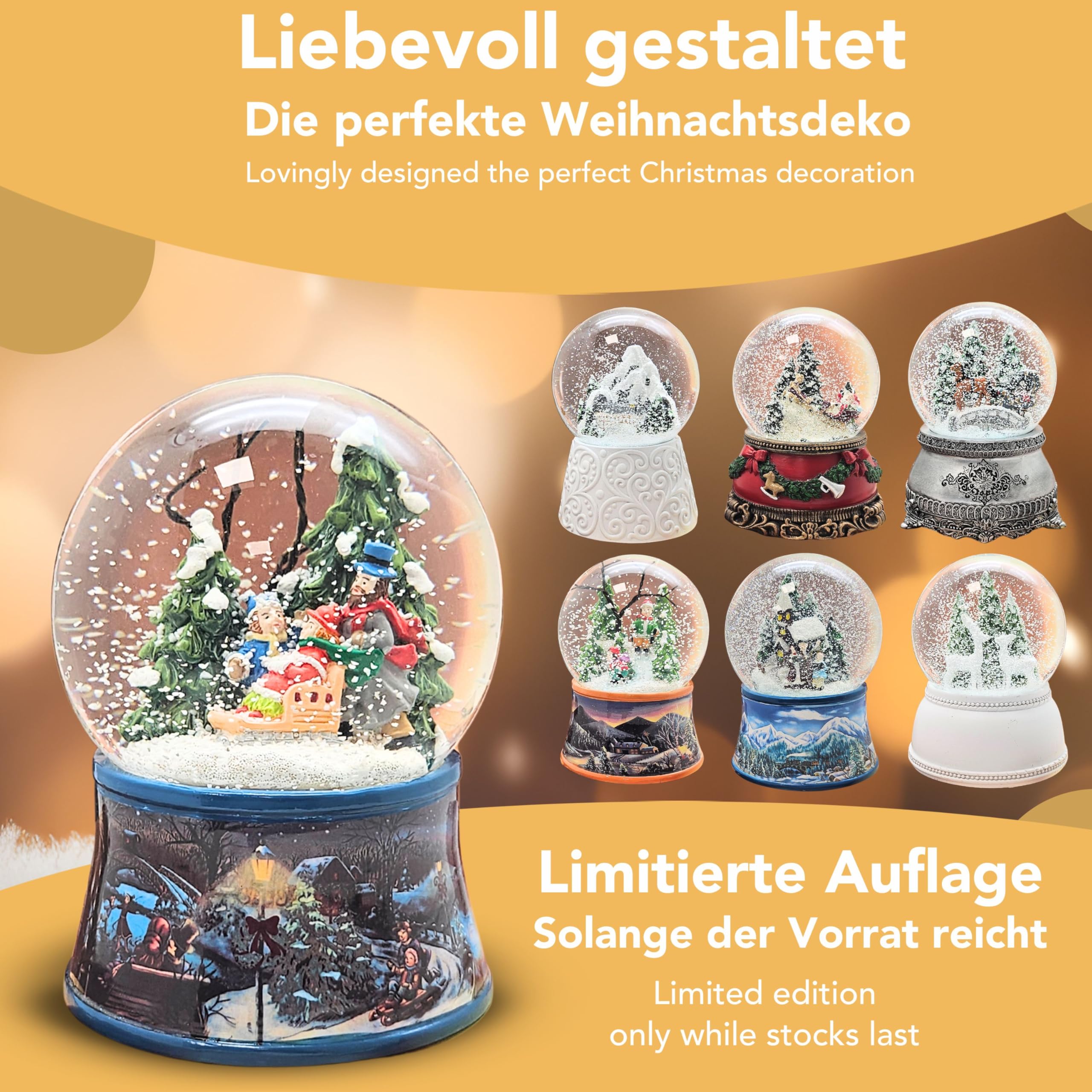 Schneekugel Spieluhr Weihnachten | Winter | H: 14 cm B: 10 cm | 20266 | Schüttelkugel mit Musik Stille Nacht heilige Nacht | Winterspaziergang mit Familie | Weihnachtsdekoration