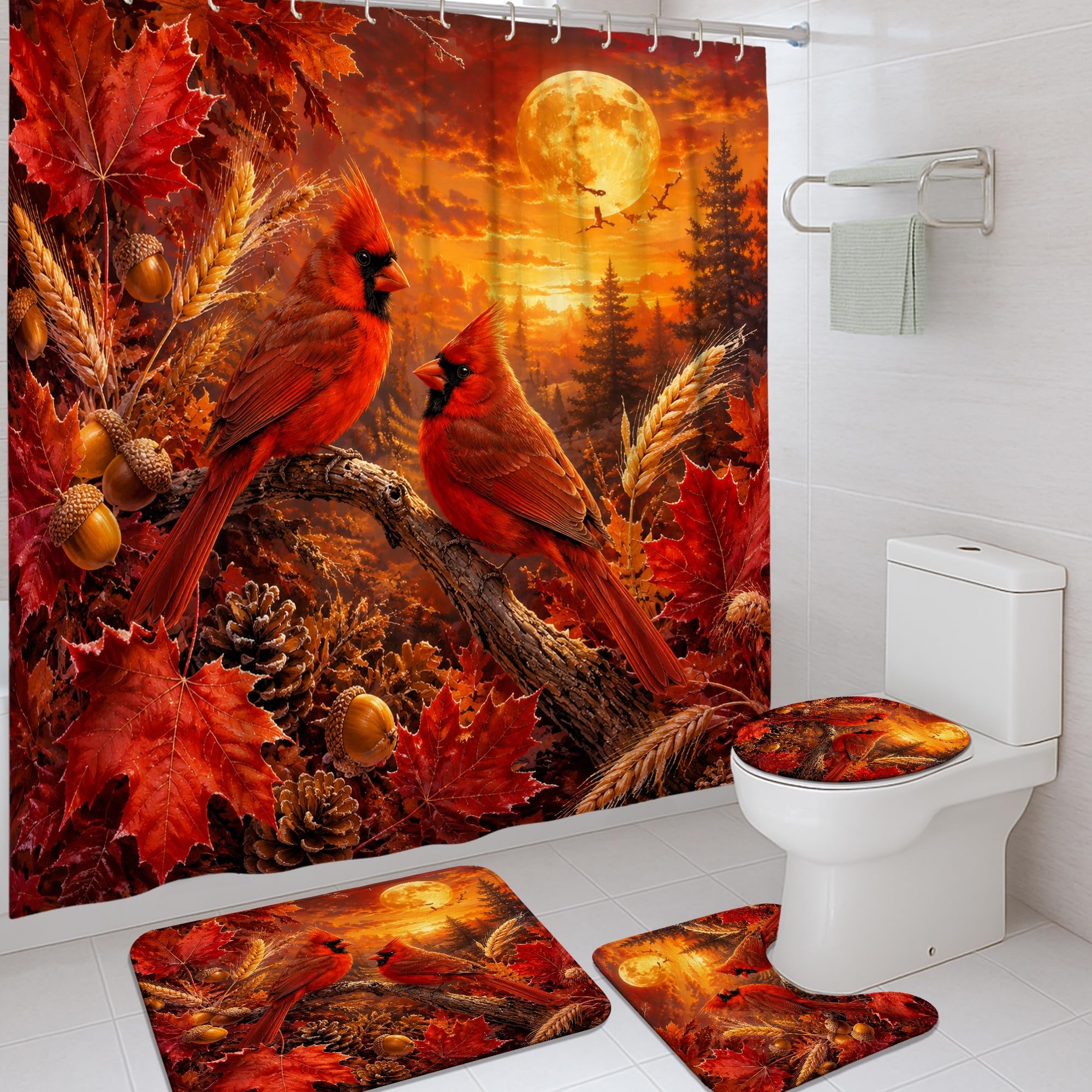 Rideau de douche anti-moisissure imperméable motif feuilles d'érable et tapis assorti