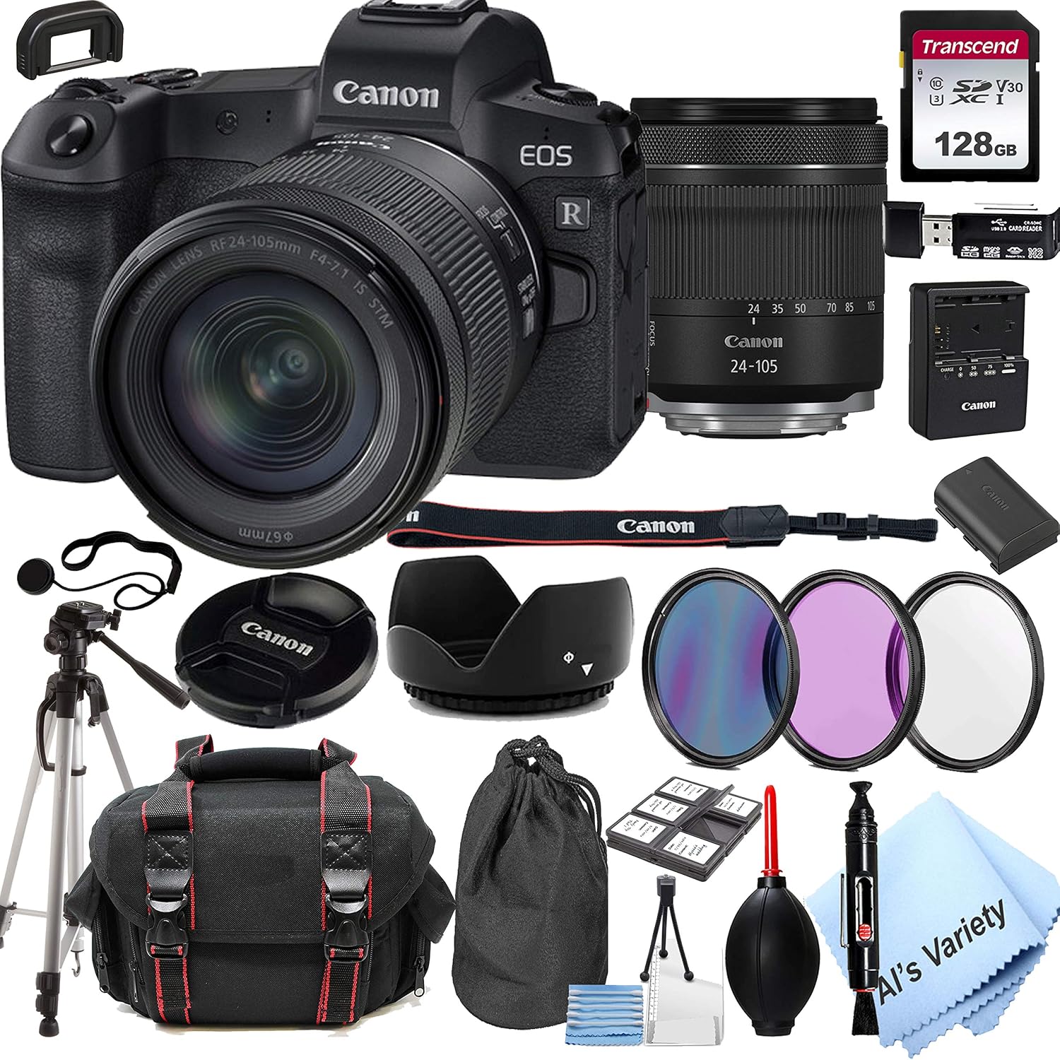Canon EOS R Mirrorless Digital Camera with 24-105mm f/4-7.1 Lens Bundle + 128GB Memory + Case + Filters + Tripod (24pc Bundle) (Renewed)