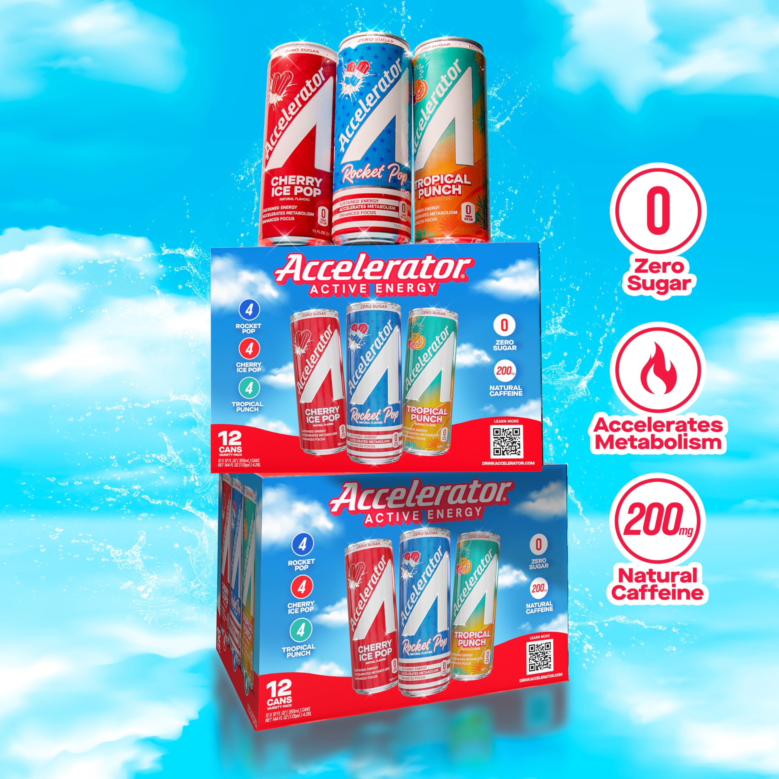 Accelerator Active Energy Drink Sugar Free Zero Carbs – Variety Pack & Cotton Candy, 12oz Can (12 Pack Each) with 200mg Natural Caffeine, Ashwagandha, CoQ10 & Green Tea for Focus & Energy