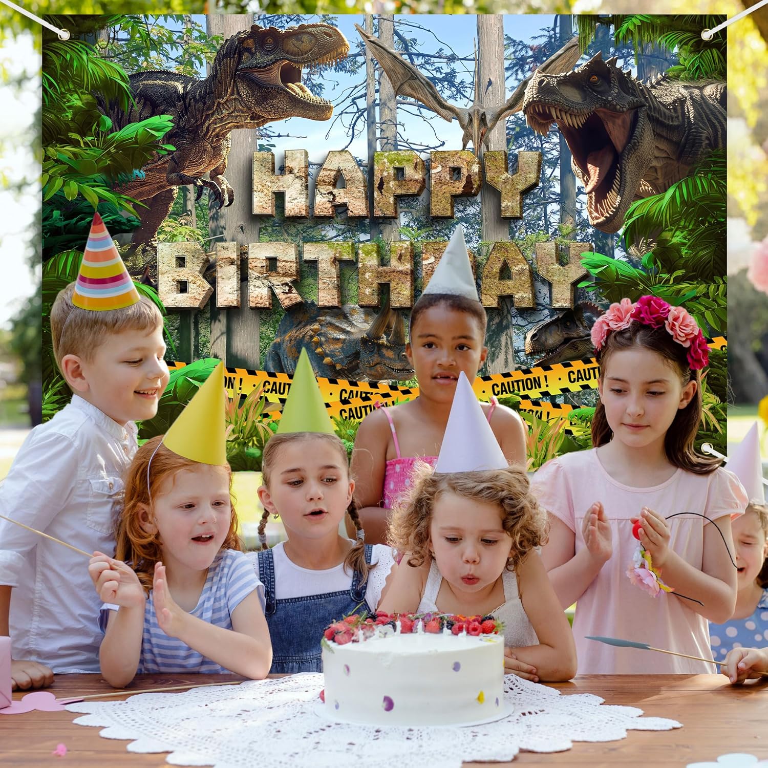 Dinosaur Happy Birthday Banner Backdrop Tyrannosaurus Rex Triceratops Jungle Dinosaur Themed Background Decor for Boys Girls Birthday Party Favors Decorations Supplies 72x43in-BECKTEN - Image 3