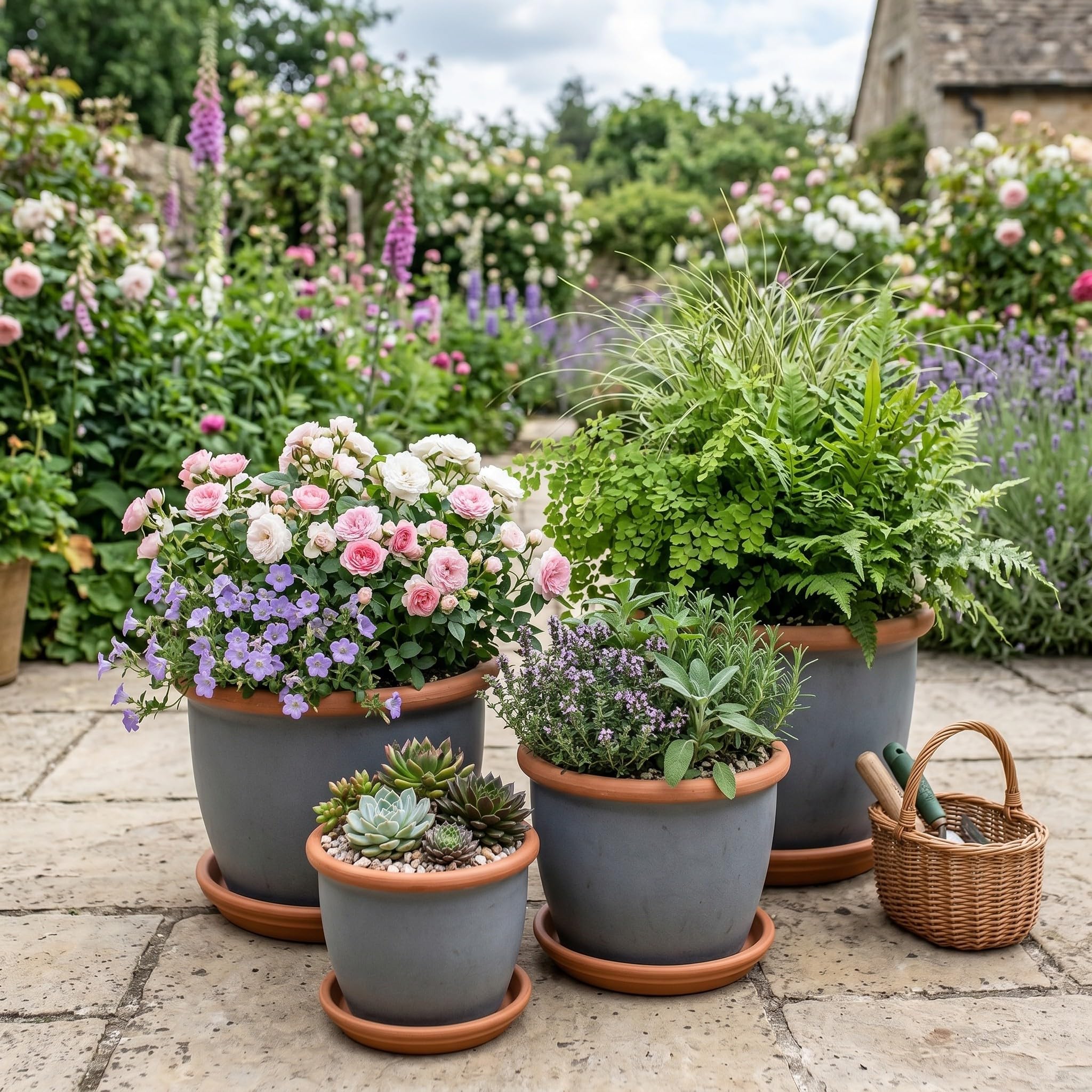 Teramico Ensemble de pots de fleurs en céramique avec soucoupe résistant au gel (anthracite, 27 cm x 21 cm)