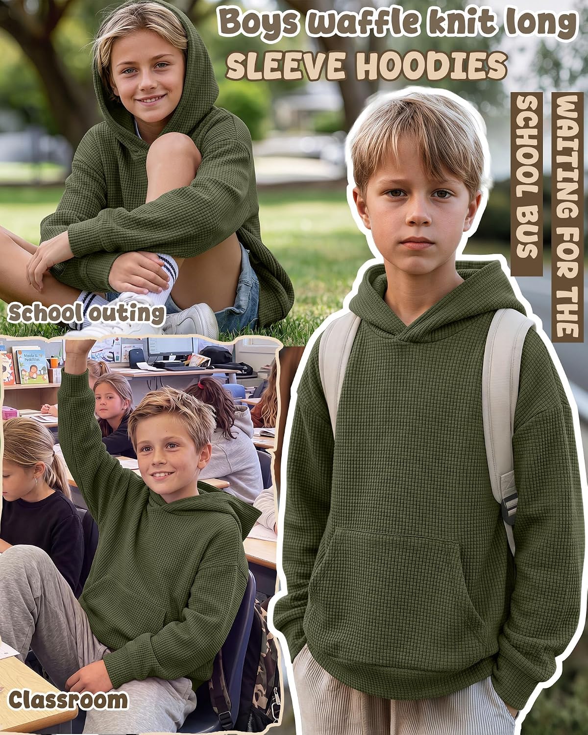 Boys Casual Waffle Pullover Hoodies Sweatshirt