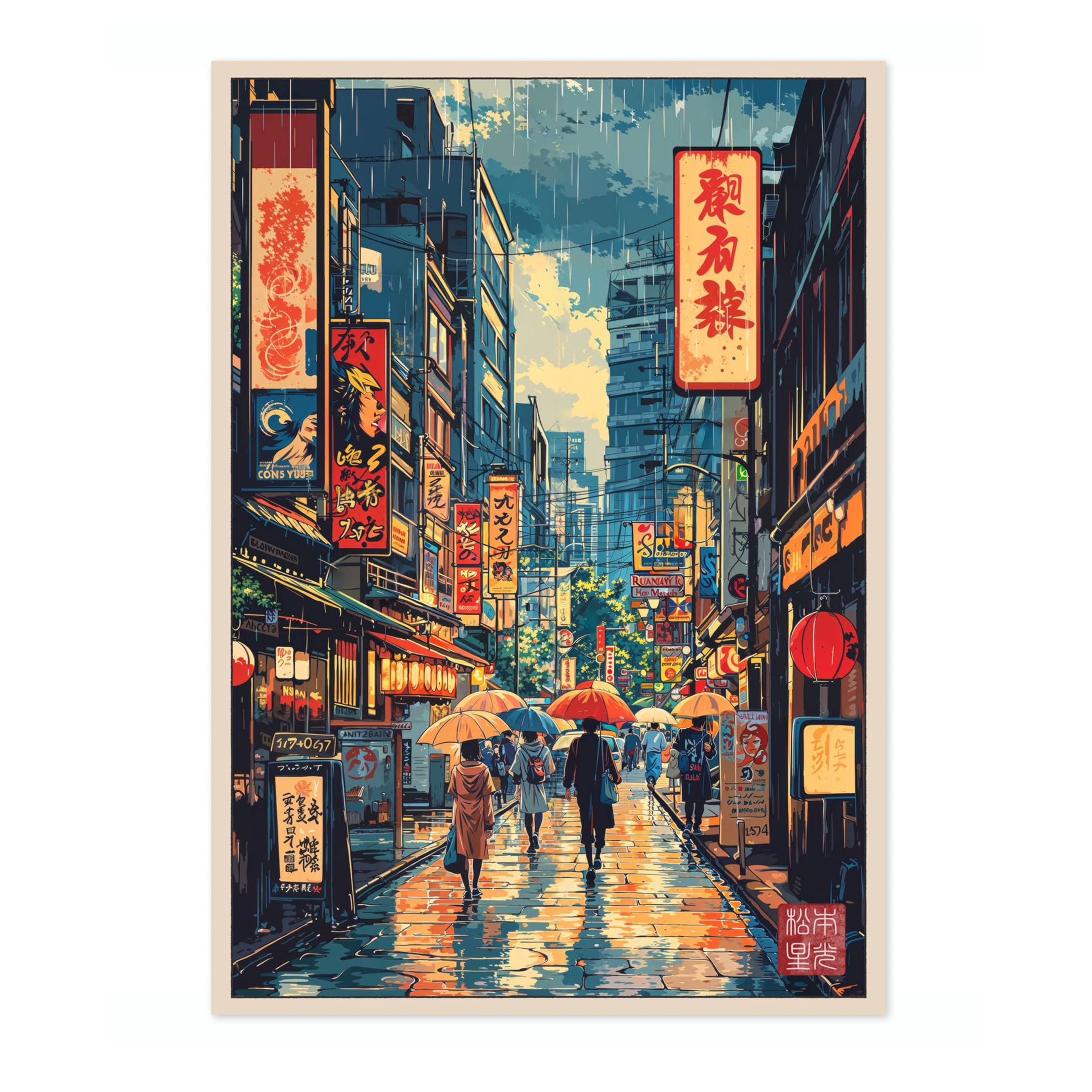 Rainy Tokyo Anime Woodblock Poster Print, Cartoon Manga Edo Aesthetic Wall Art Japanese Wall Art Bedroom Home Decor, A1 (Print Only) - 84.1x59.4cm — image 1