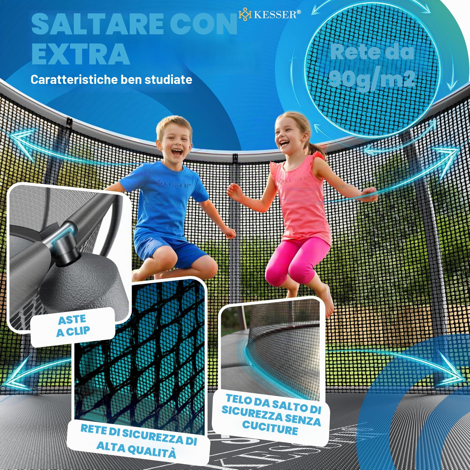 KESSER Trampolino esterno Ø 244/305/366/427 cm, certificato GS trampolino da giardino per bambini e adulti < 150 kg con rete di sicurezza, inclusa borsa, scala, copertura del bordo e aste in rete