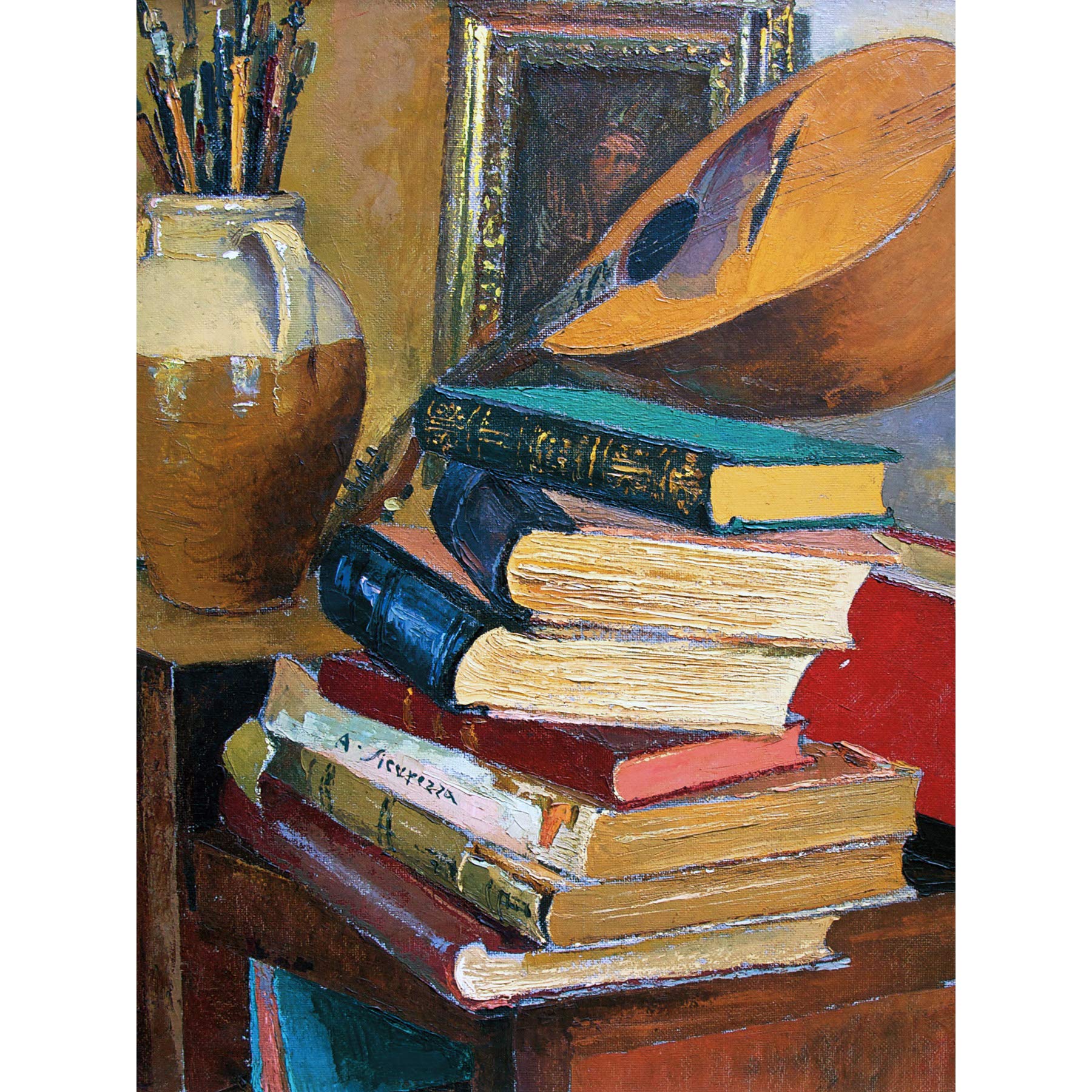Artery8 Sicurezza Still Life With Books Mandolin Painting Premium Wall Art Canvas Print 18X24 Inch