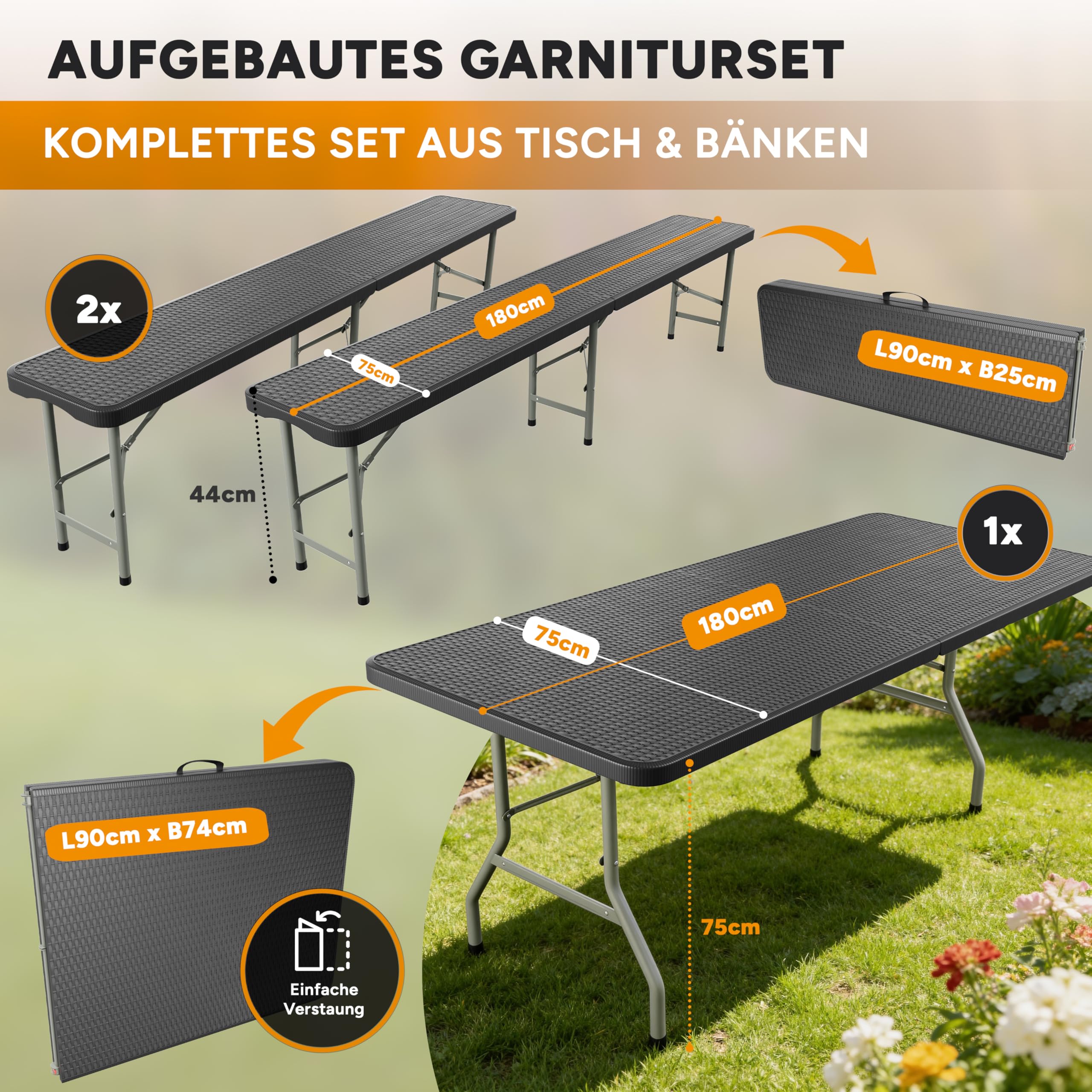 Bierzeltgarnitur Klappbar 3-teilig – Kunststoff Biertischgarnitur Tisch & 2 Bänke – Campingtisch, Festzeltgarnitur, Rattan-Optik, Wetterfest, Tragegriff, 500 kg je Bank