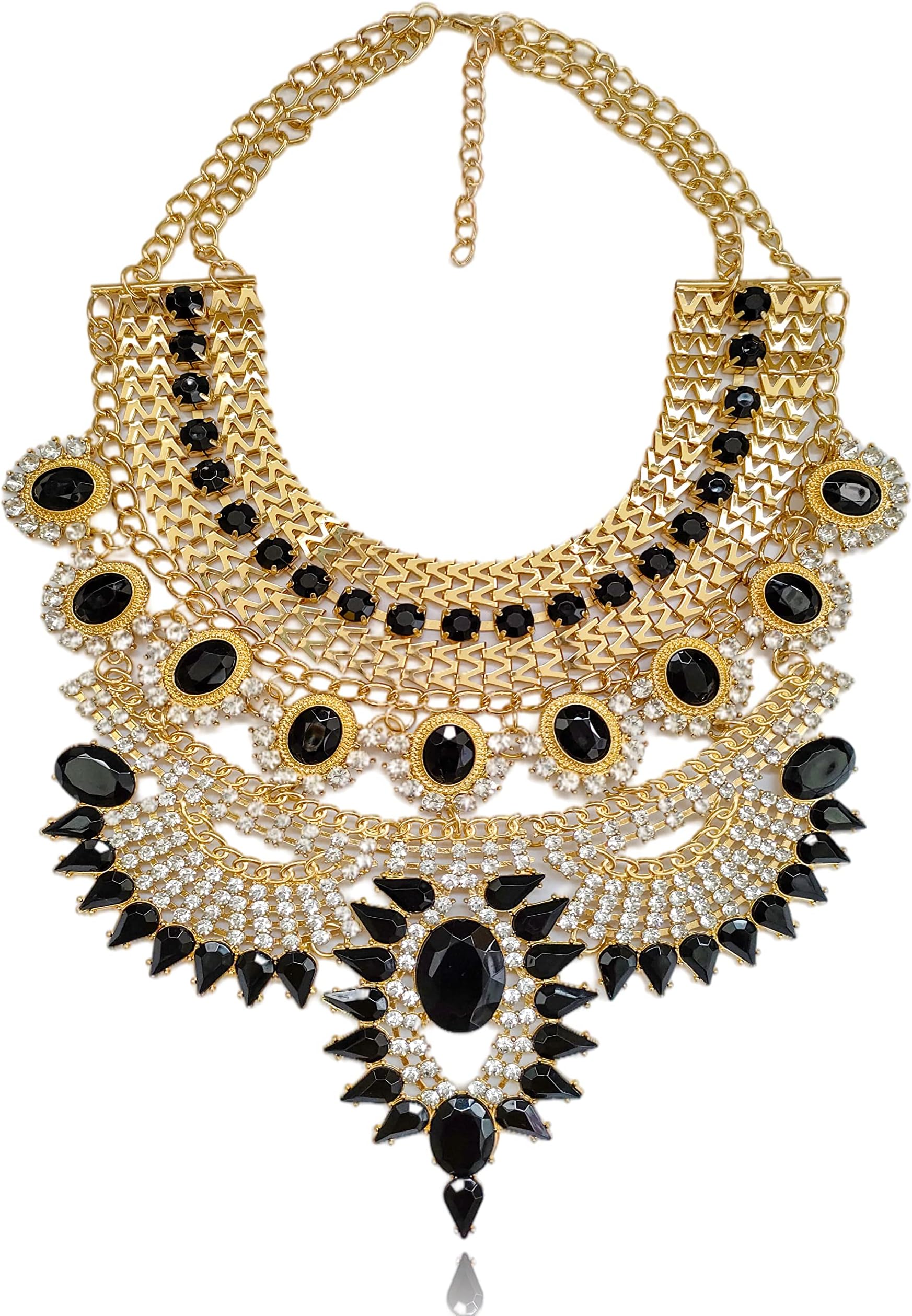 Chunky Gold Egyptian Statement Bib Necklace Easter Spring Costume Jewelry Gifts for Women, Crystal Boho Tribal Choker Collar