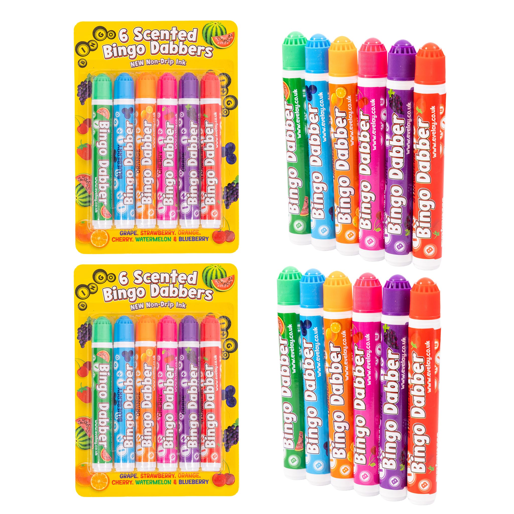 evelay Lot de 12 tampons de bingo parfumés – Couleurs assorties et parfums fruités | Marqueurs de bingo à pointe en feutre anti-goutte pour adultes et enfants | Encre durable, flux lisse, idée cadeau