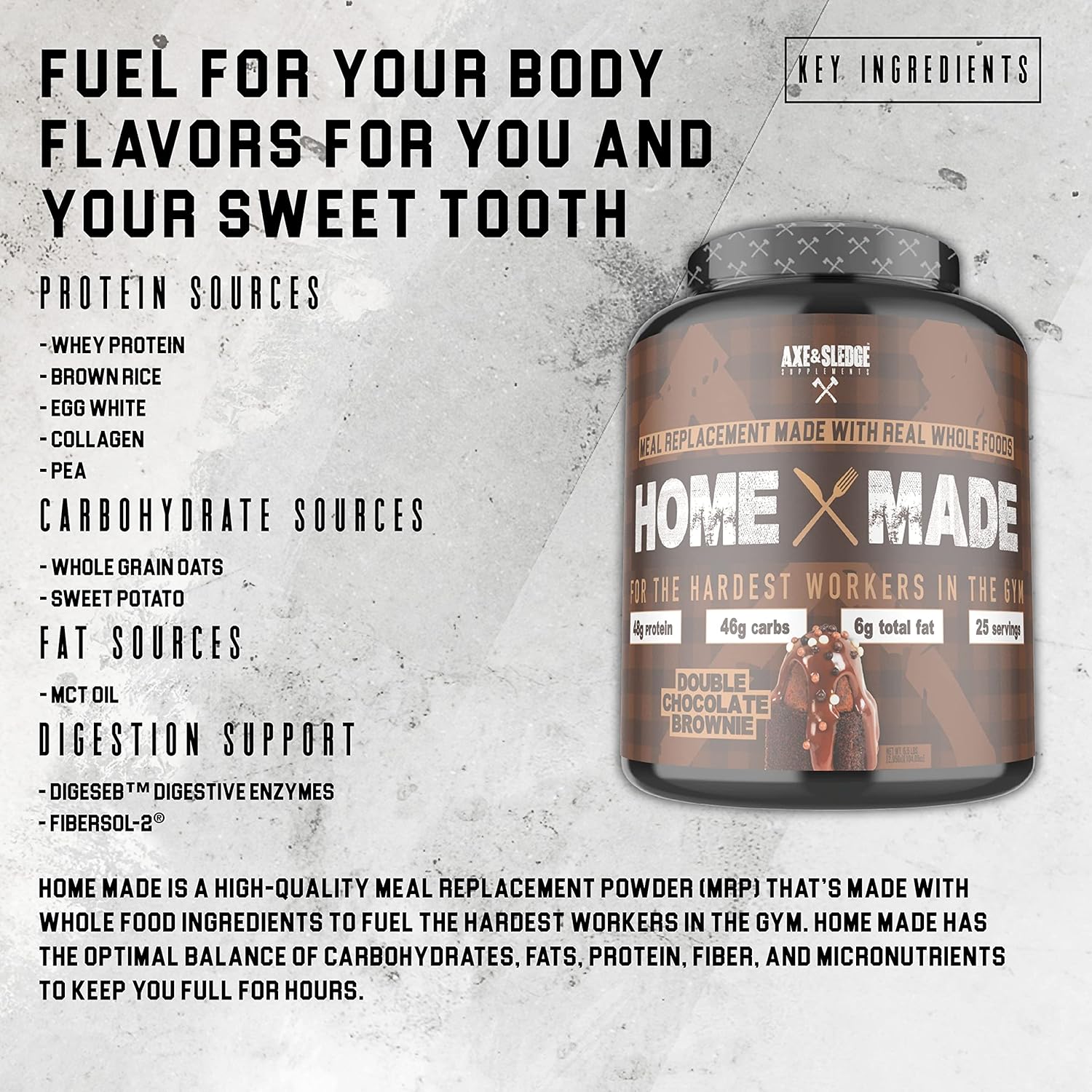 Axe & Sledge Supplements Home Made Whole-Foods-Based Meal Replacement Powder with Digestive Enzymes, Protein, Carbohydrates, and Fats, 25 Servings, Chocolate Brownie