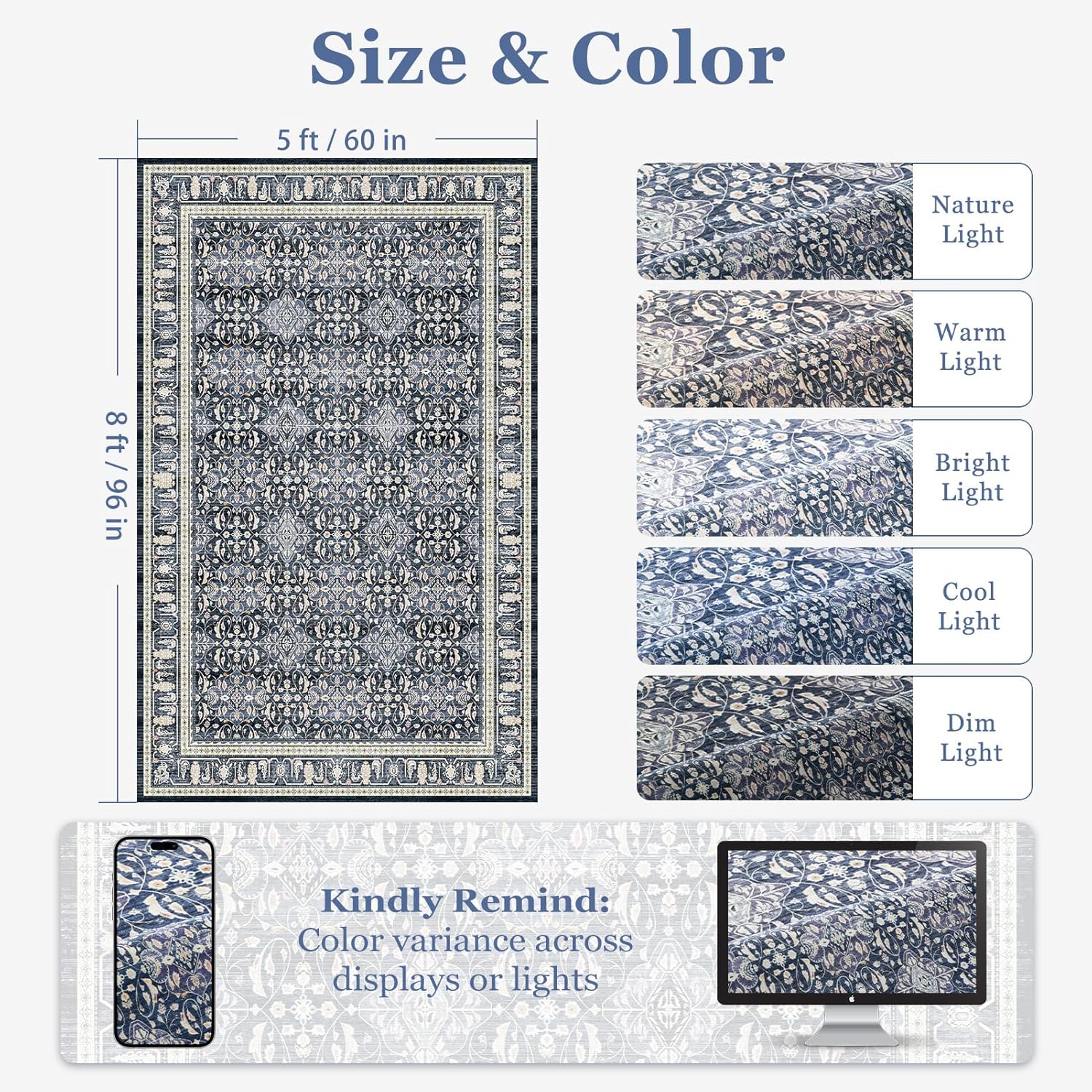 Washable 5x8 Area Rugs, Floral Moroccan Trellis Classic Boho Carpet for Living Room Bedroom, Low Pile Thin Rug with Rubber Backing Non Slip Machine Washable for Dining Room Office, Dark Blue