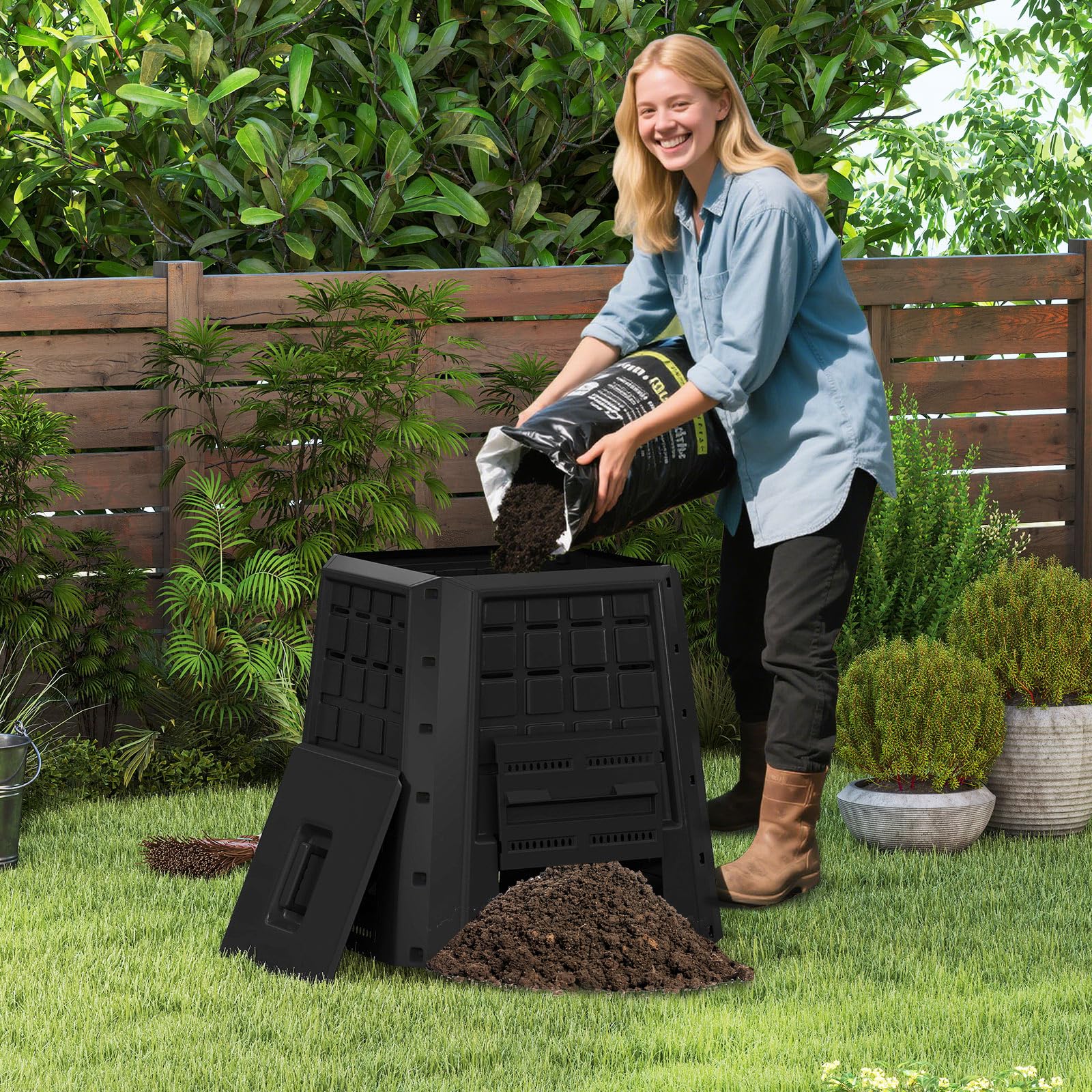 GOPLUS Compostador de Jardín de 380 L con Ventilación | Cubo de Compost Exterior con Tapa y Puerta, Compostera de PP Resistente a la Intemperie para Residuos Orgánicos