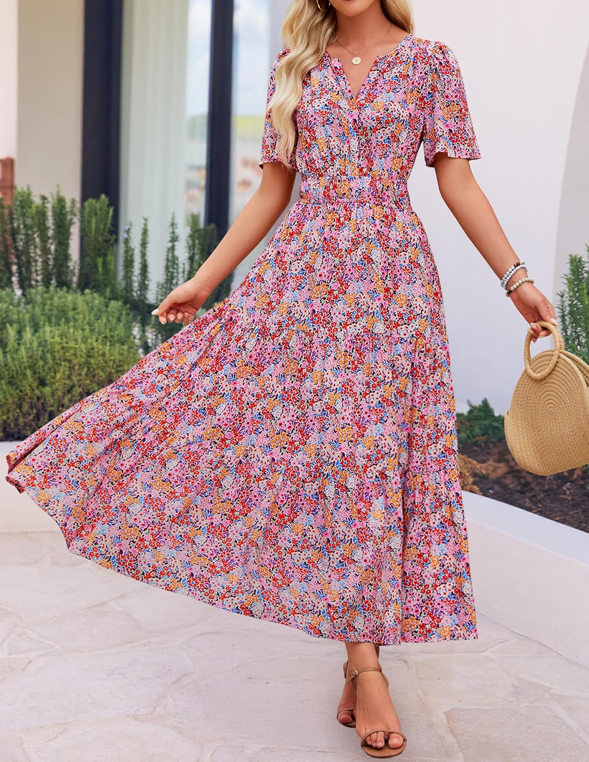 ZESICA Women's 2026 Summer Spring Floral Boho Maxi Dresses Casual Short Sleeve V Neck A Line Flowy Beach Vacation Dress - Image 8